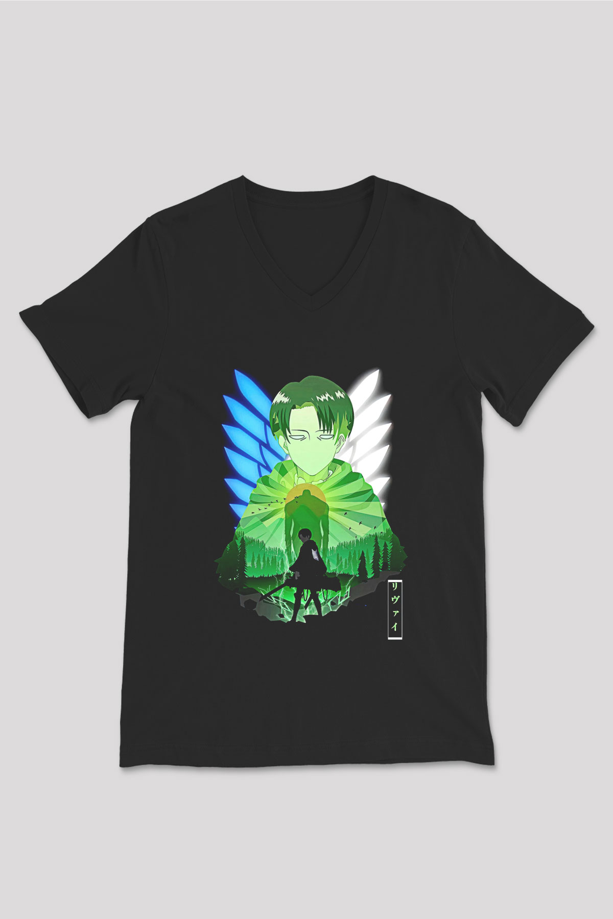 Attack On Titan Baskılı Unisex Siyah V Yaka Tişört - Tshirt