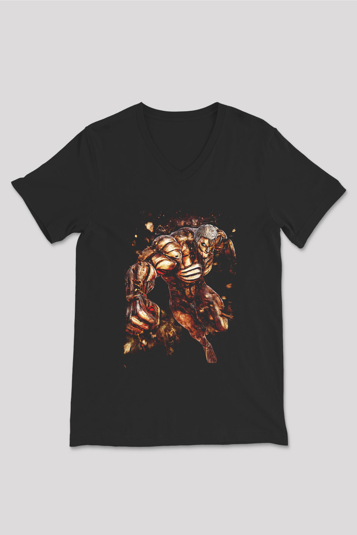Attack On Titan Baskılı Unisex Siyah V Yaka Tişört - Tshirt