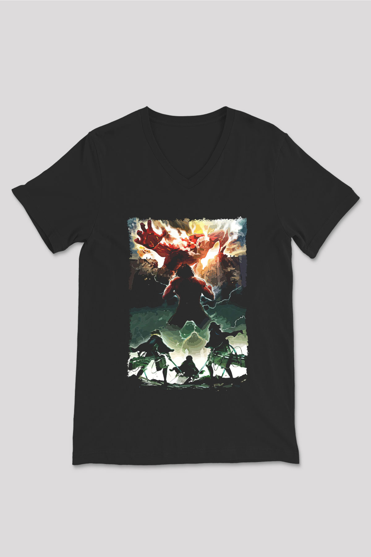 Attack On Titan Baskılı Unisex Siyah V Yaka Tişört - Tshirt