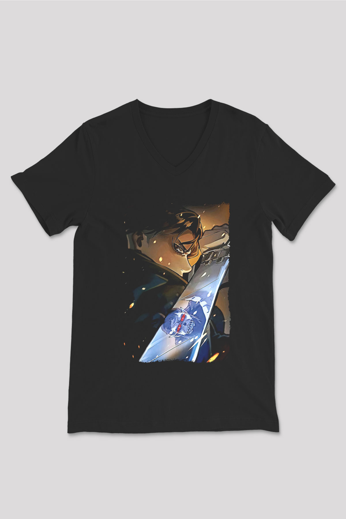 Attack On Titan Baskılı Unisex Siyah V Yaka Tişört - Tshirt