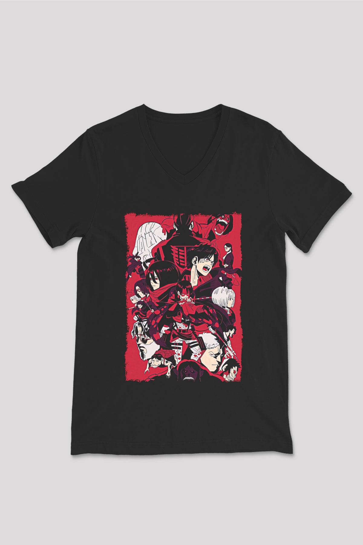 Attack On Titan Baskılı Unisex Siyah V Yaka Tişört - Tshirt