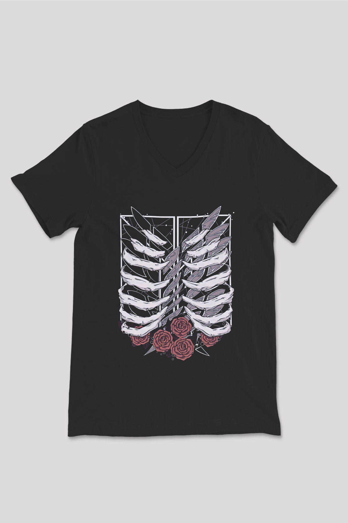 Attack On Titan Baskılı Unisex Siyah V Yaka Tişört - Tshirt