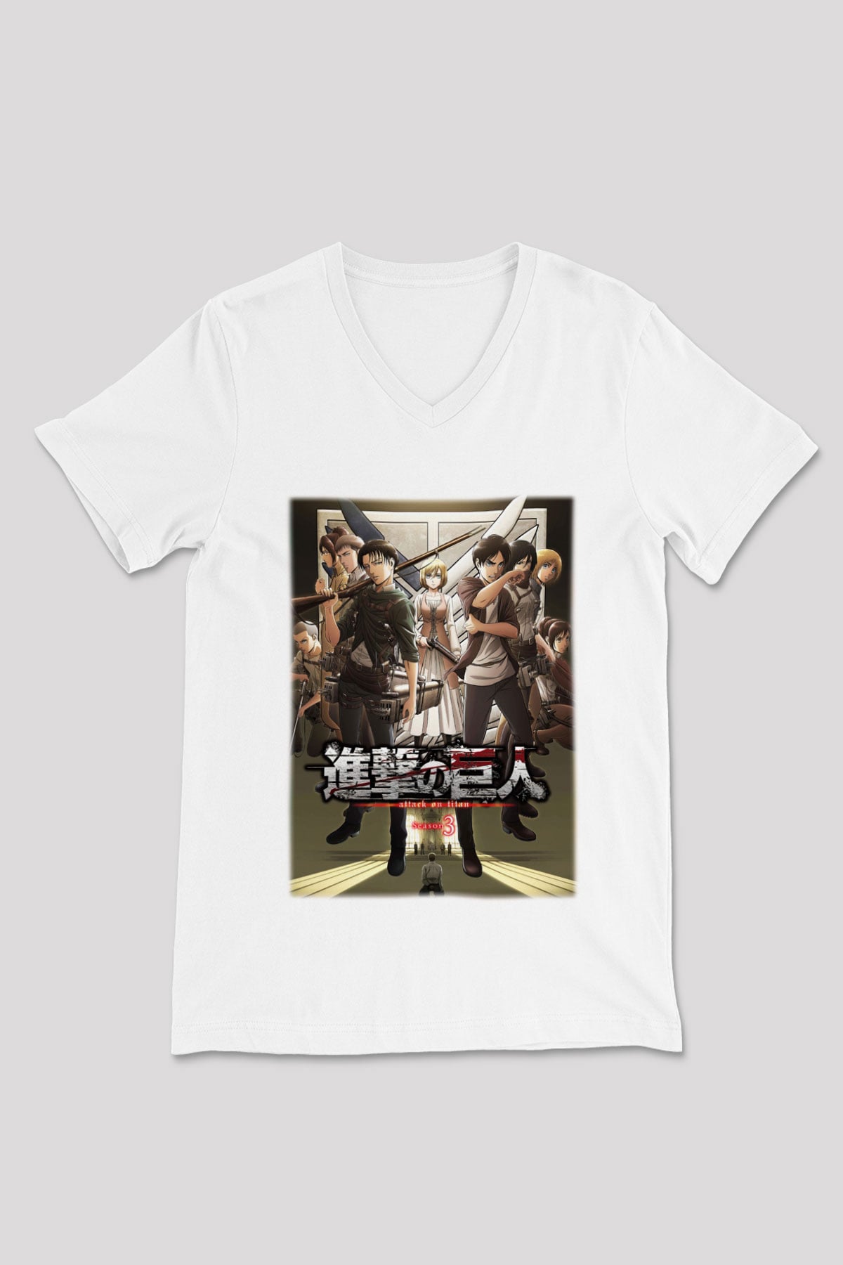 Attack on Titan Beyaz Unisex V Yaka Tişört T-Shirt