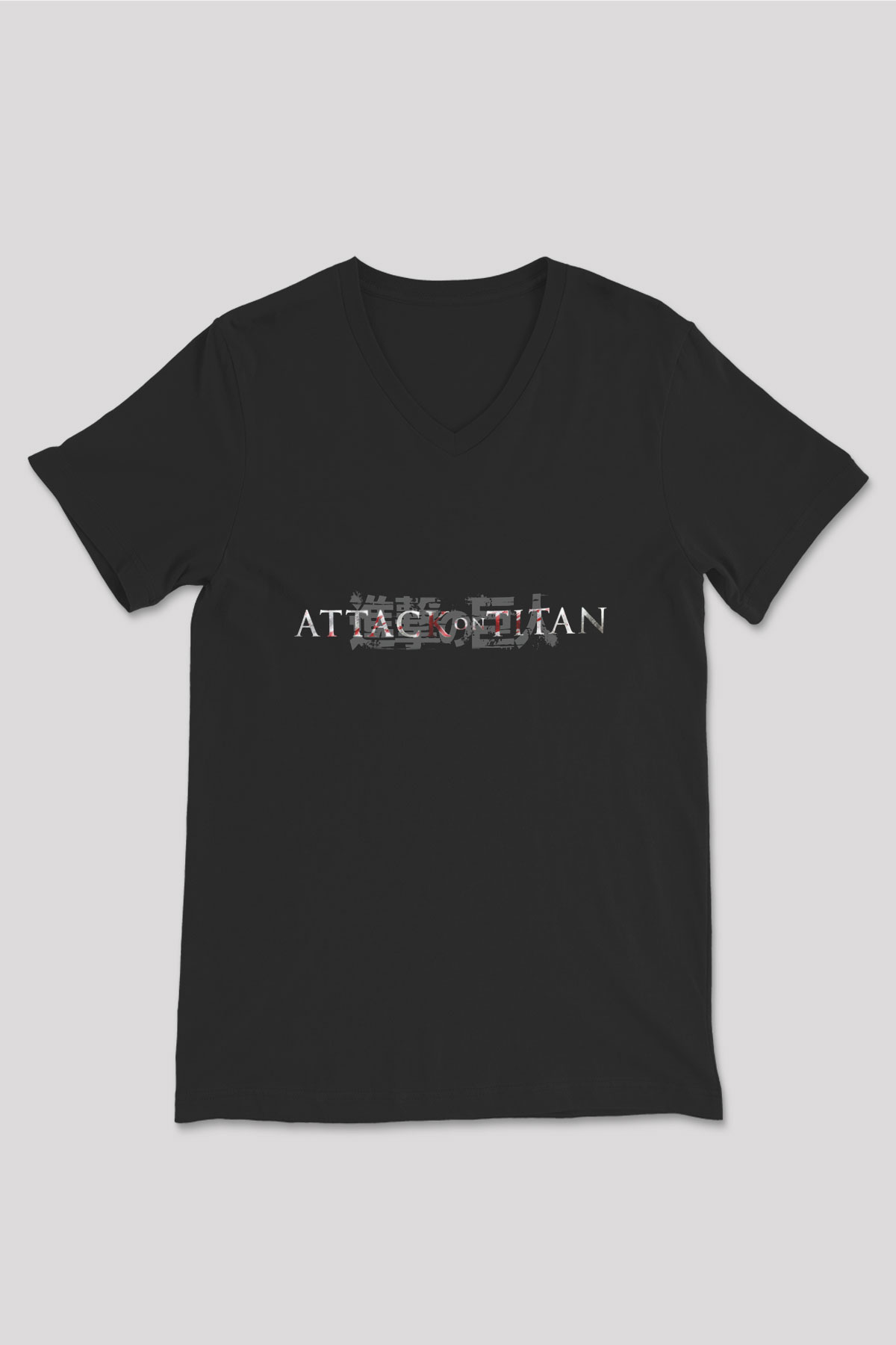 Attack on Titan Siyah Unisex V Yaka Tişört T-Shirt