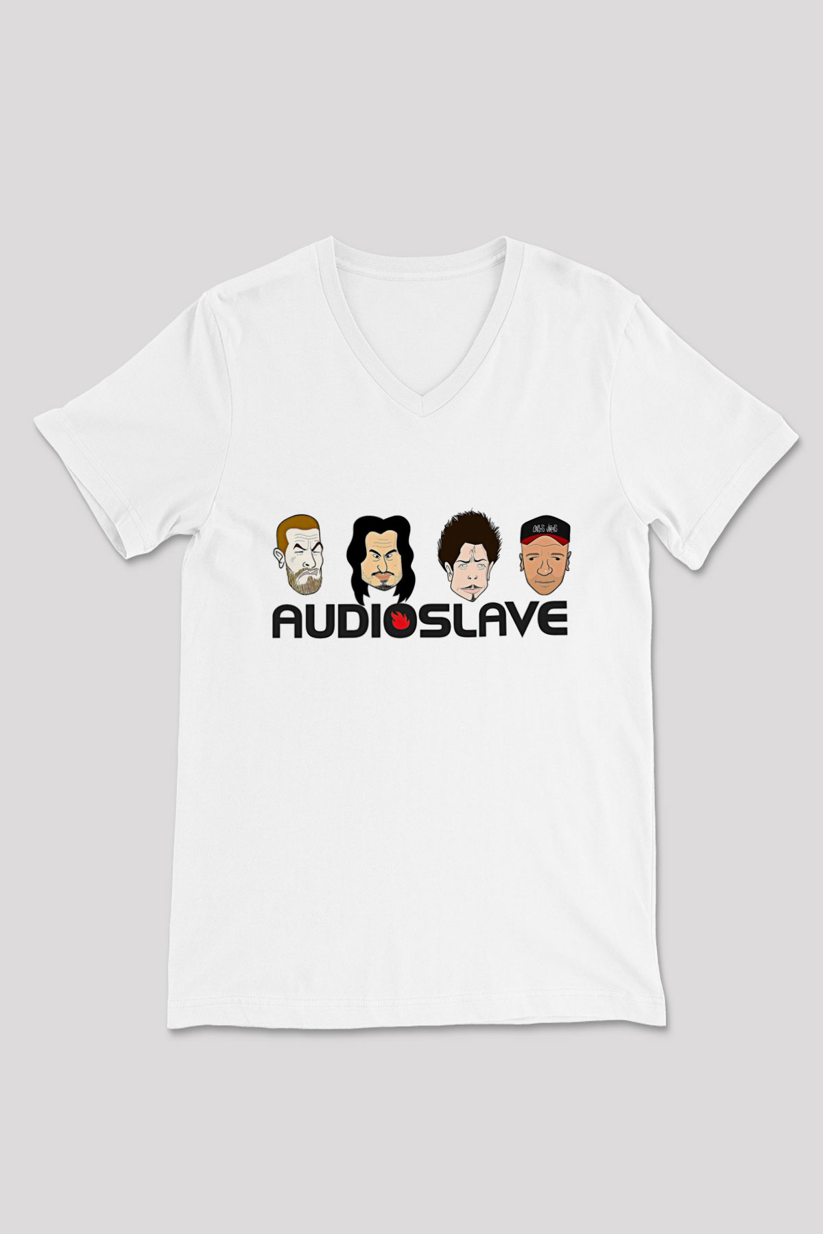 Audioslave Baskılı Beyaz Unisex V Yaka Tişört - Tshirt