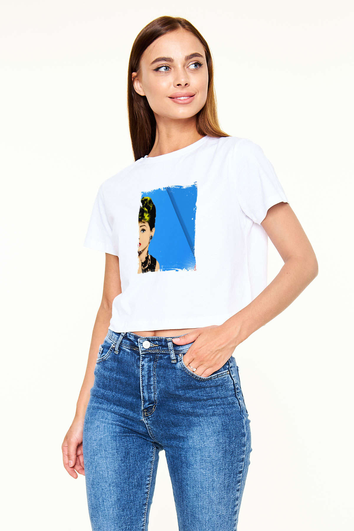 Audrey Hepburn Baskılı Beyaz Kadın Crop Top Tişört