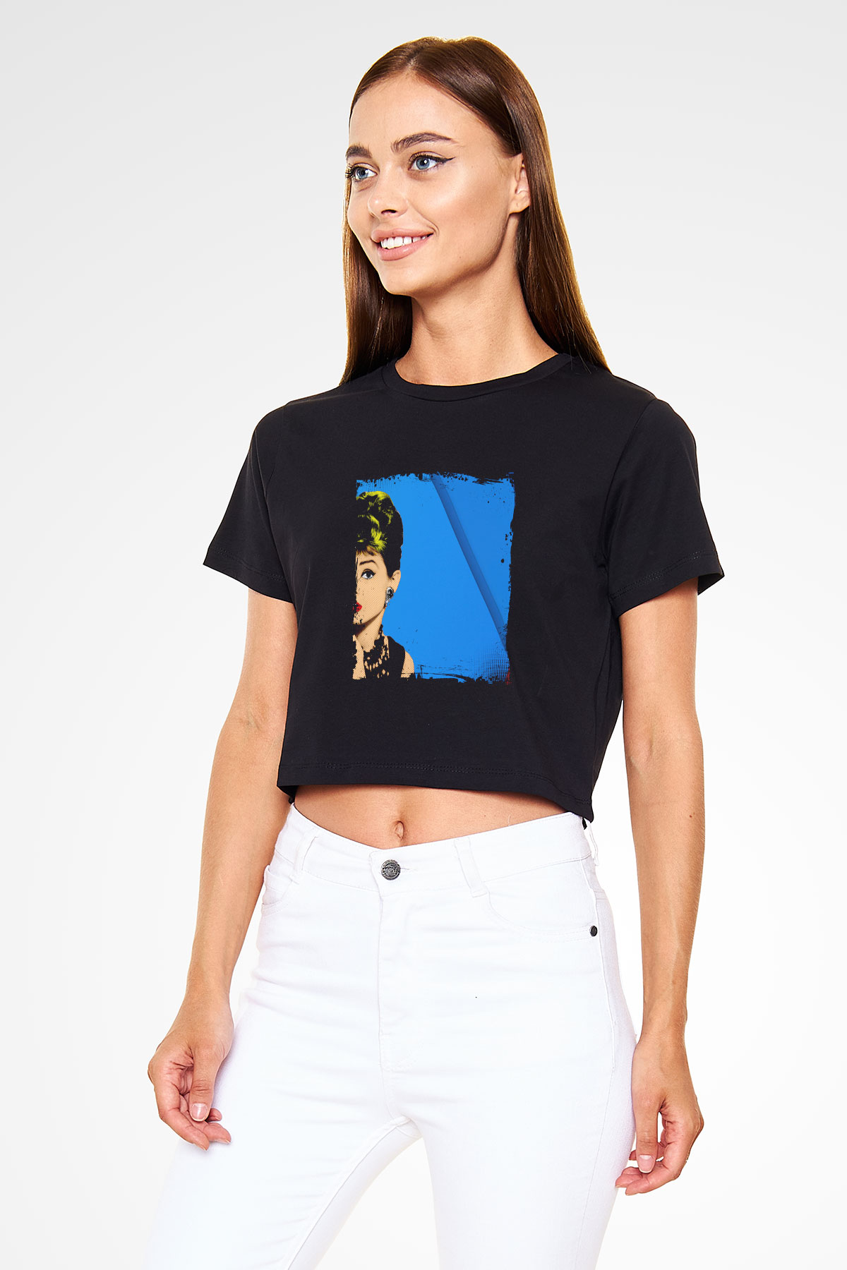 Audrey Hepburn Baskılı Siyah Kadın Crop Top Tişört
