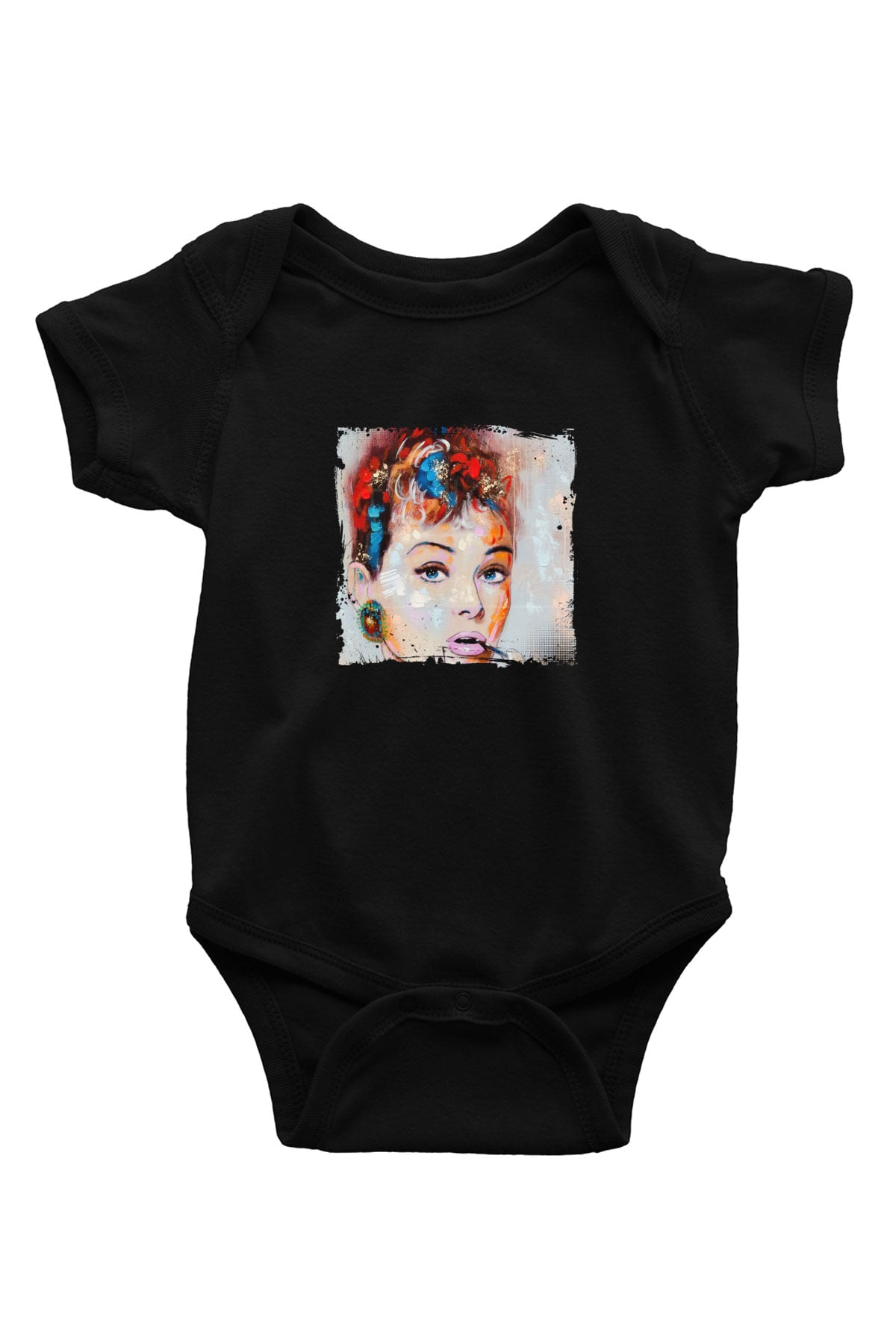 Audrey Hepburn Baskılı Unisex Siyah Bebek Body - Zıbın