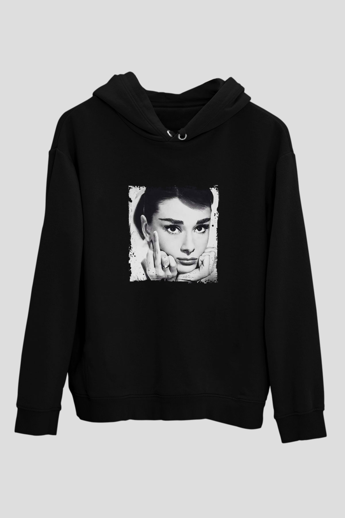 Audrey Hepburn Baskılı Unisex Siyah Hoodie