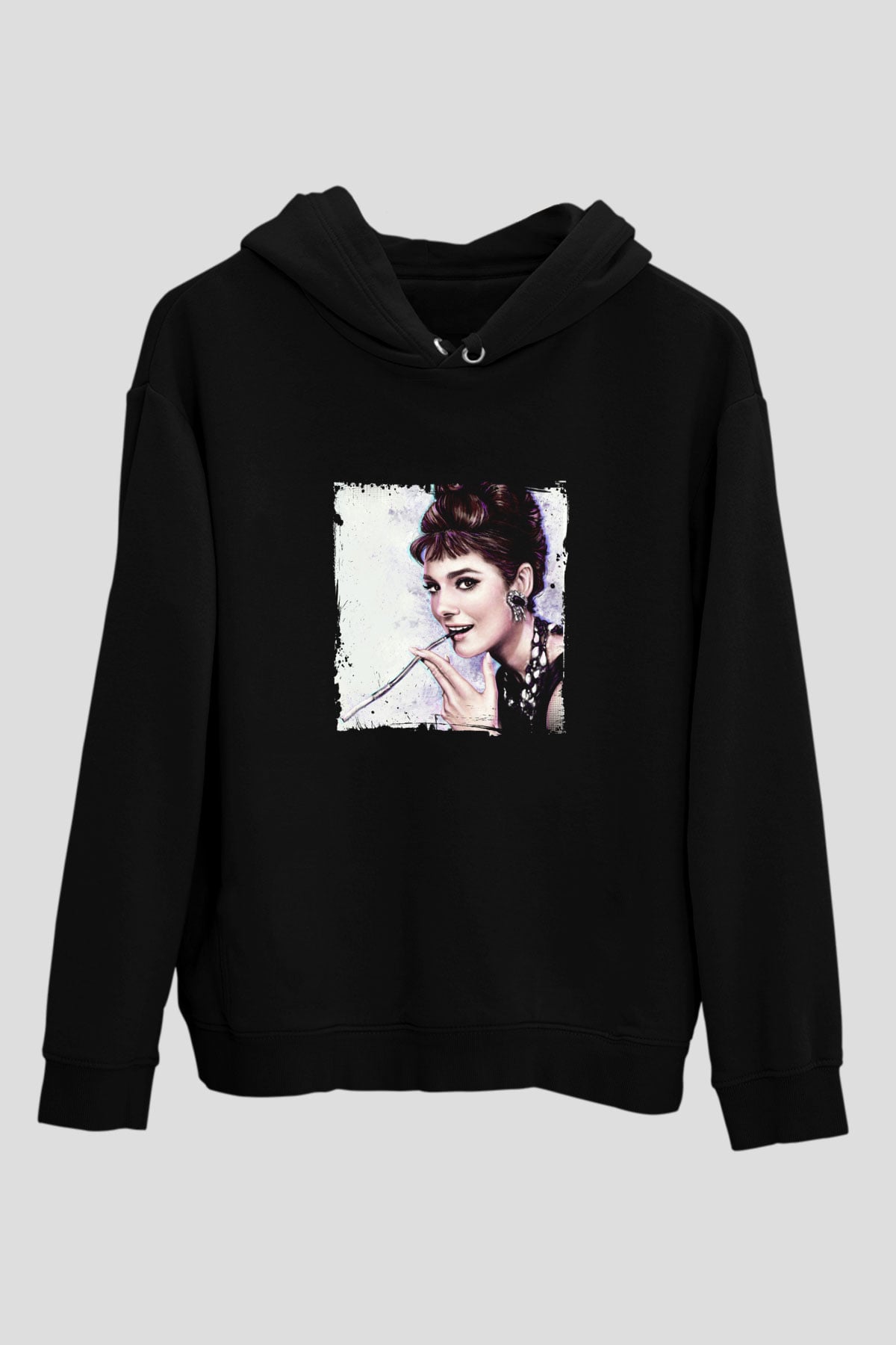 Audrey Hepburn Baskılı Unisex Siyah Hoodie