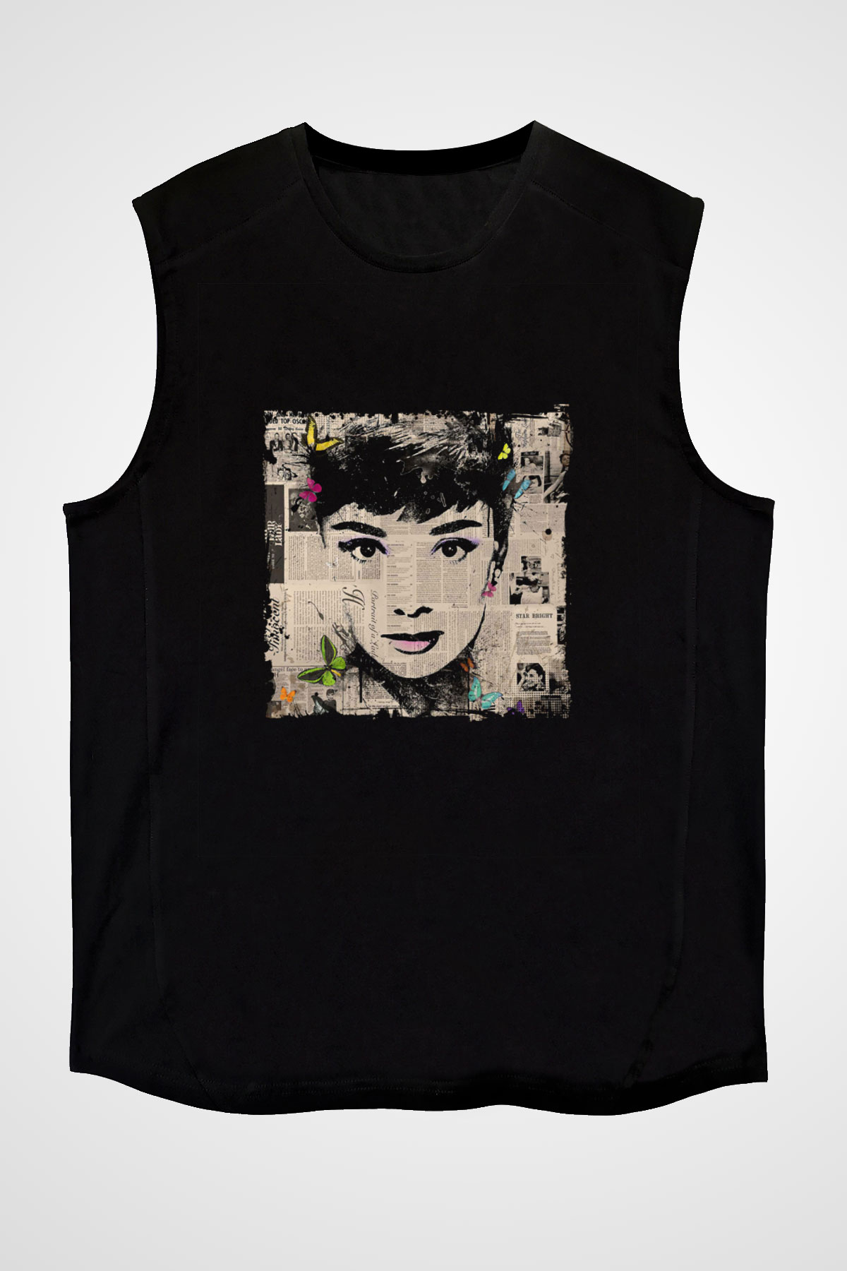 Audrey Hepburn Baskılı Unisex Siyah Kolsuz Tişört