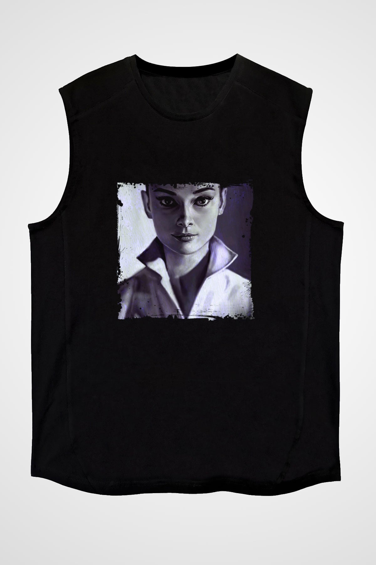 Audrey Hepburn Baskılı Unisex Siyah Kolsuz Tişört