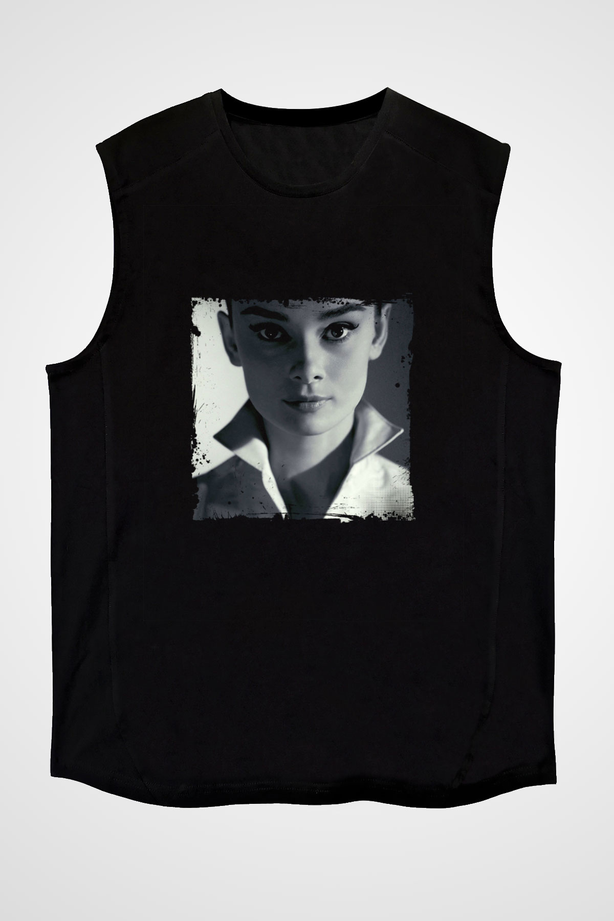 Audrey Hepburn Baskılı Unisex Siyah Kolsuz Tişört