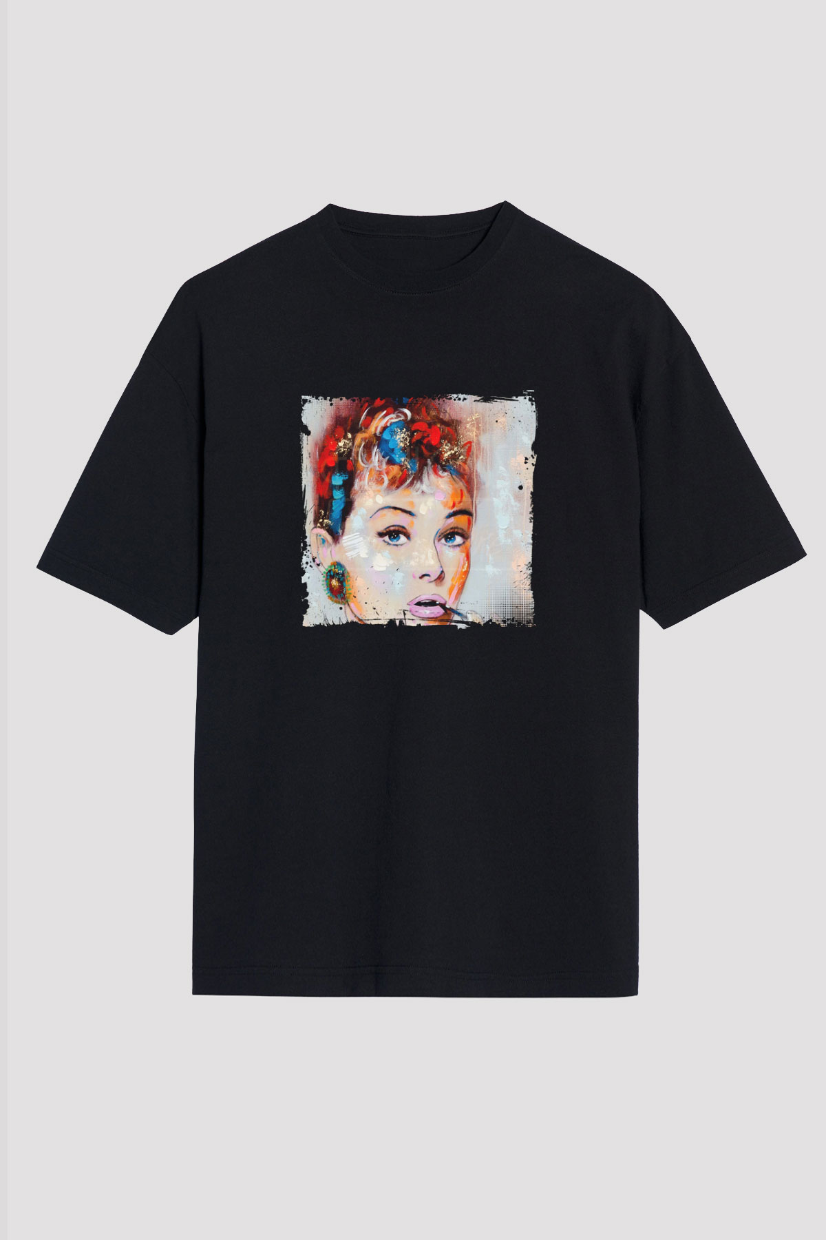Audrey Hepburn Baskılı Unisex Siyah Oversize Tişört