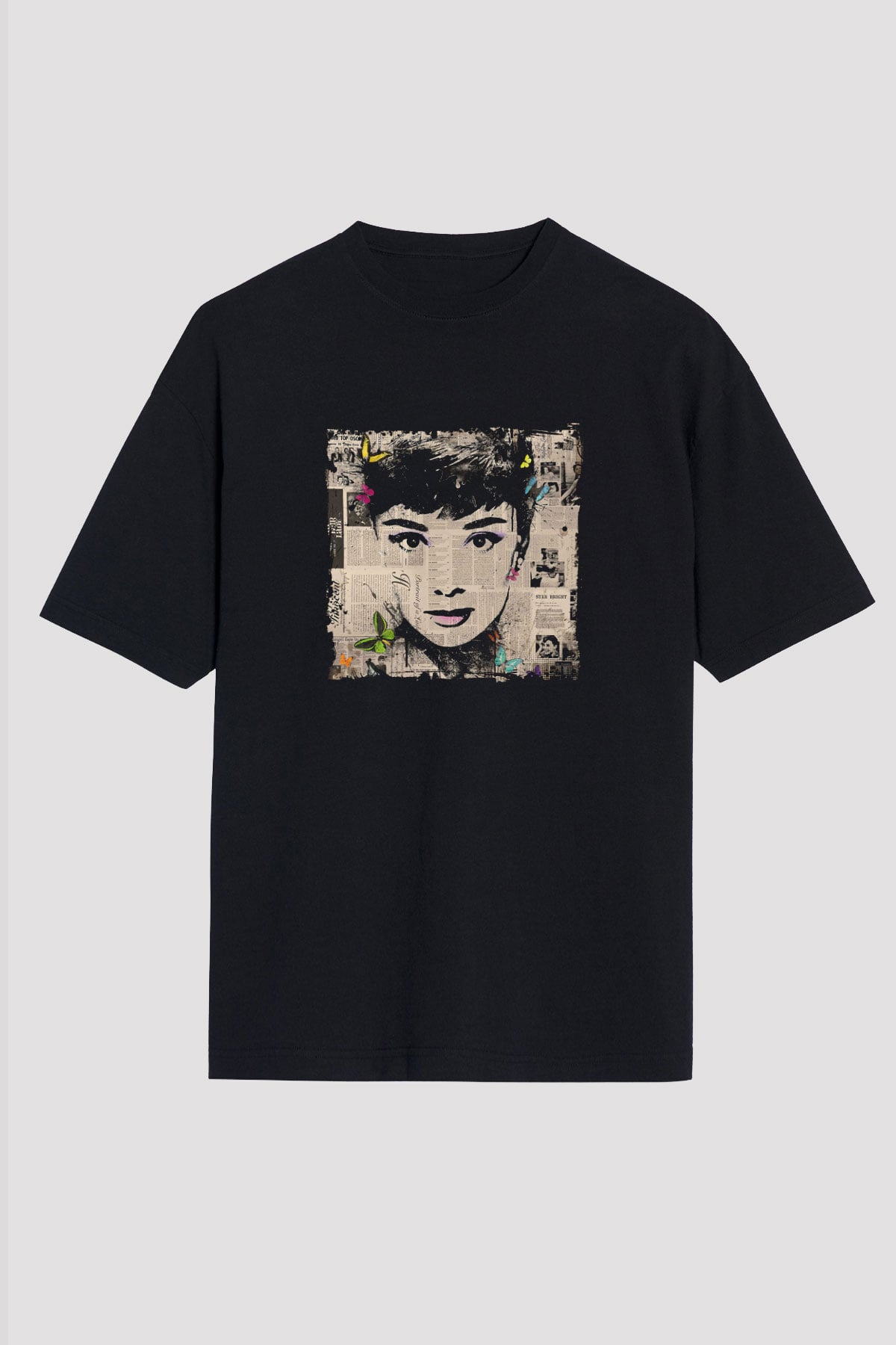 Audrey Hepburn Baskılı Unisex Siyah Oversize Tişört