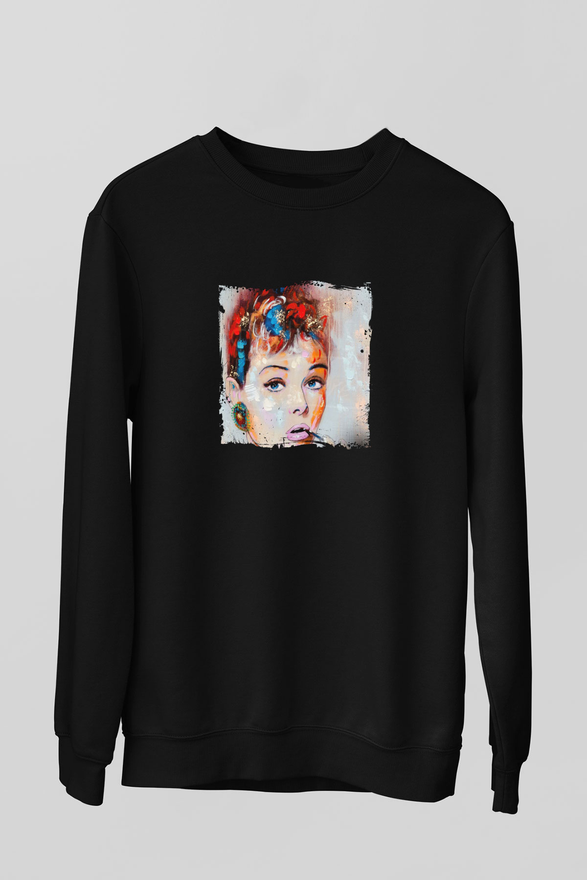 Audrey Hepburn Baskılı Unisex Siyah Sweatshirt