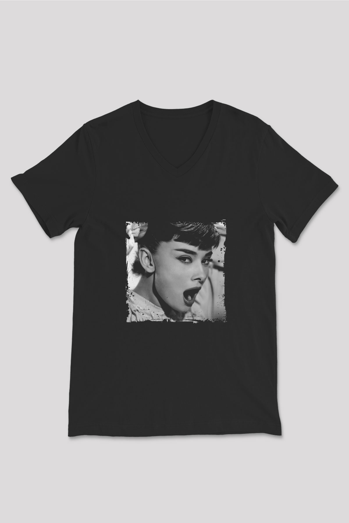 Audrey Hepburn Baskılı Unisex Siyah V Yaka Tişört