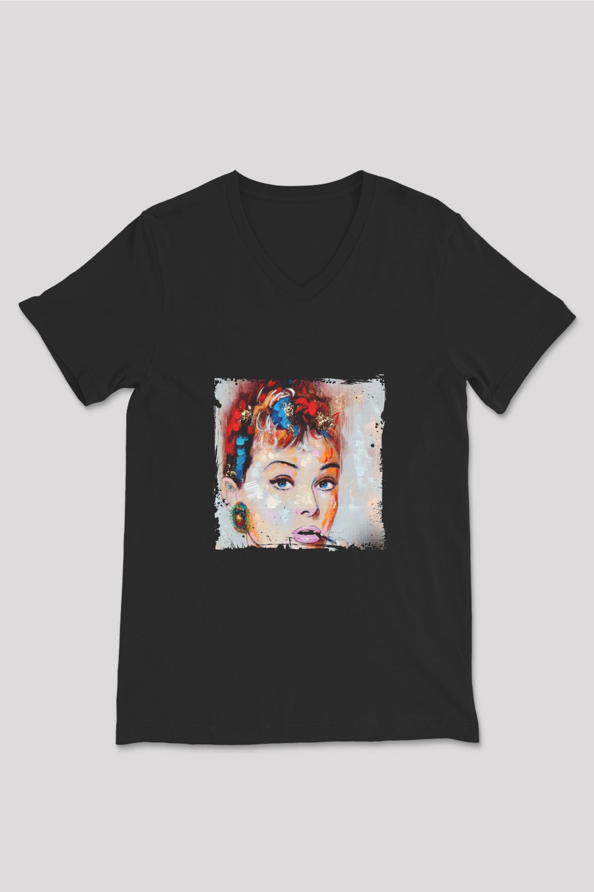 Audrey Hepburn Baskılı Unisex Siyah V Yaka Tişört
