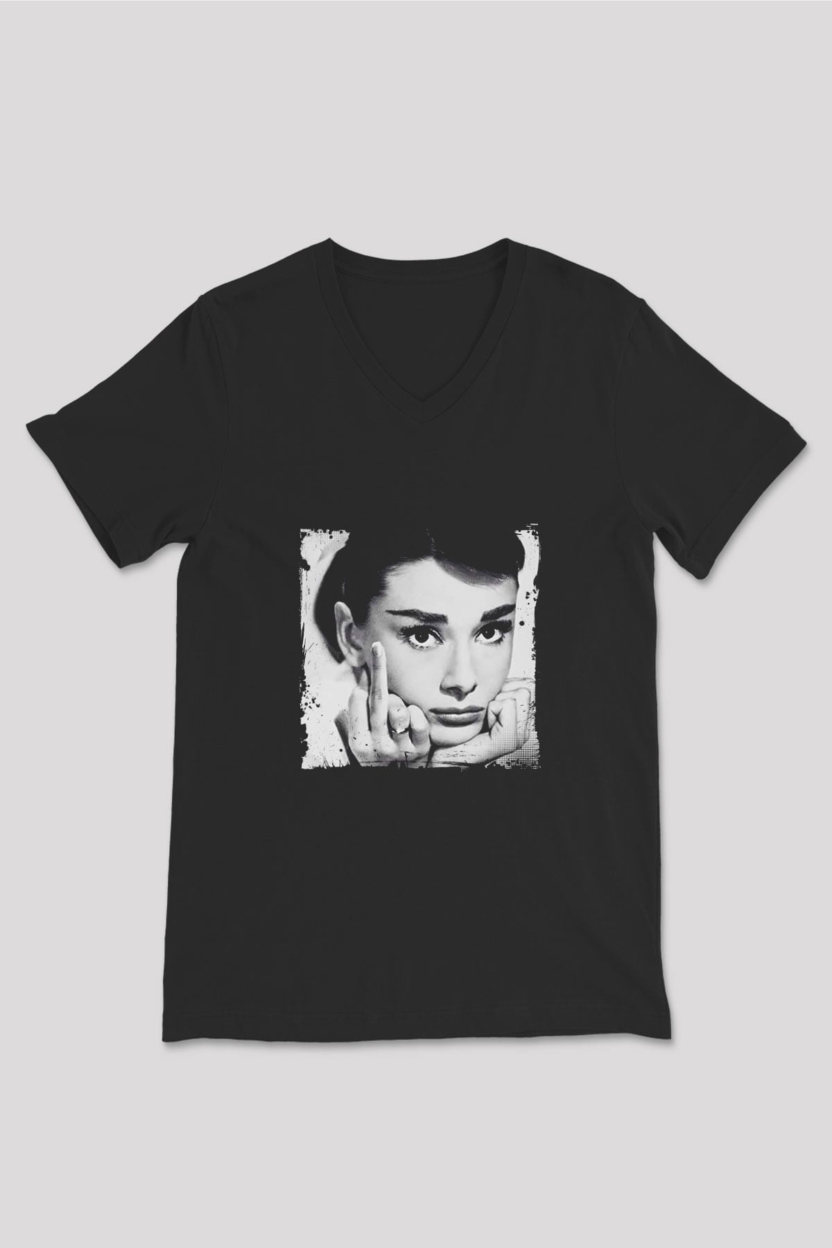Audrey Hepburn Baskılı Unisex Siyah V Yaka Tişört
