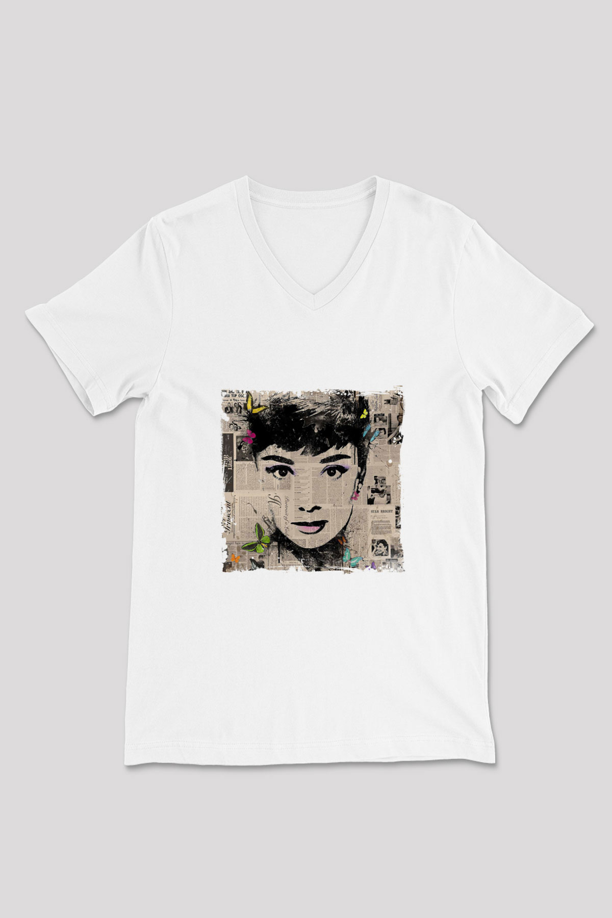 Audrey Hepburn Baskılı V Yaka Unisex Beyaz Tişört