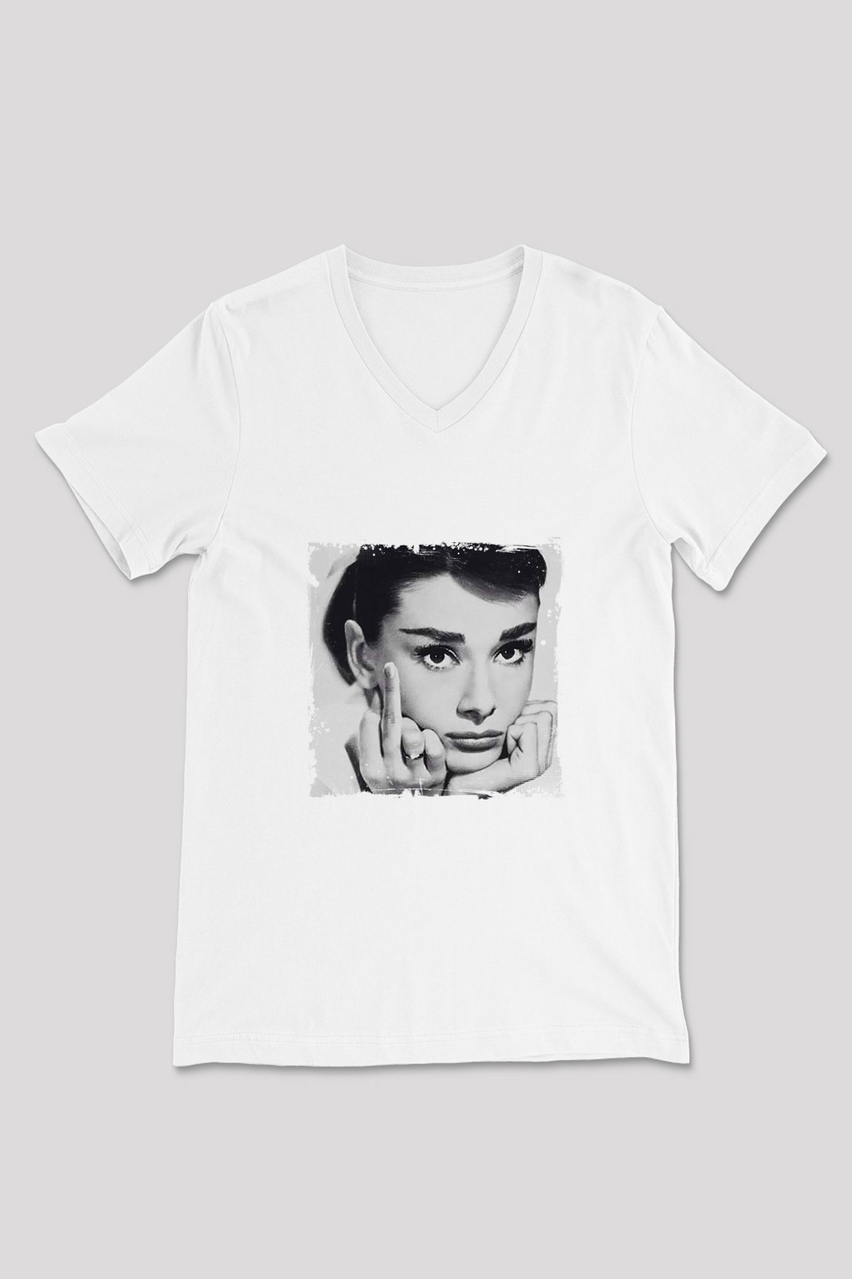Audrey Hepburn Baskılı V Yaka Unisex Beyaz Tişört