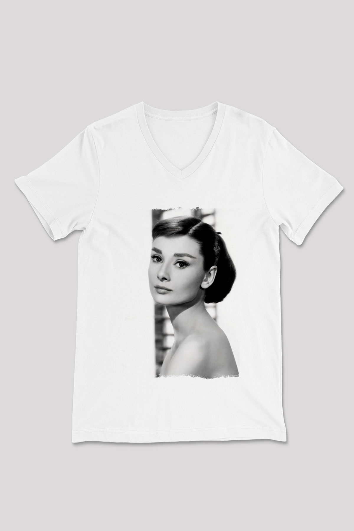 Audrey Hepburn Beyaz Unisex V Yaka Tişört
