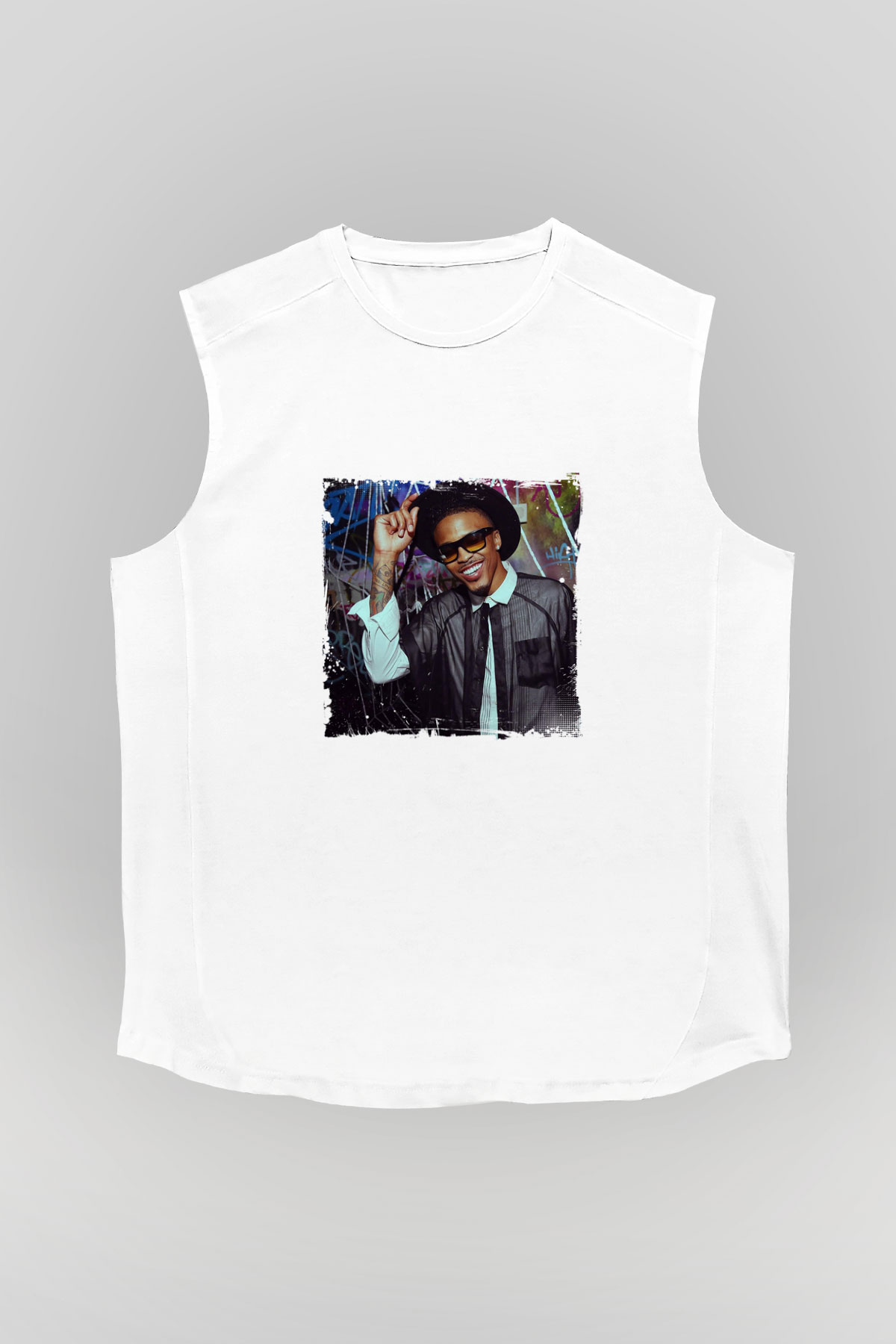 August Alsina Baskılı Unisex Beyaz Kolsuz Tişört
