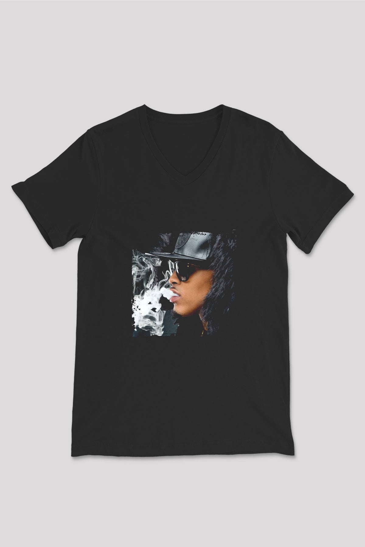 August Alsina Baskılı Unisex Siyah V Yaka Tişört
