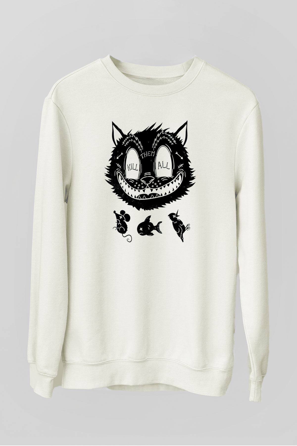 Avcı Kedi Baskılı Unisex Beyaz  Sweatshirt