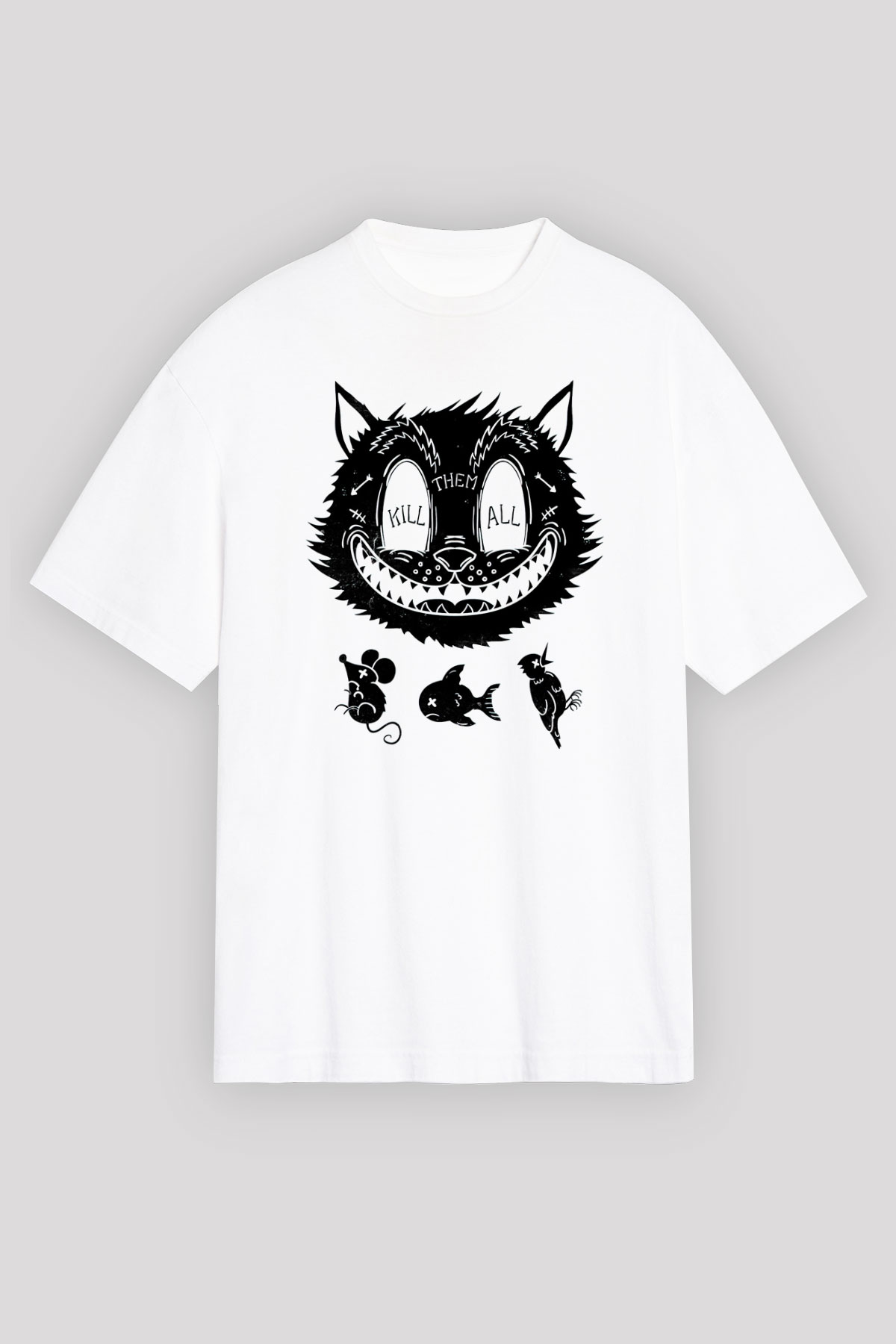 Avcı Kedi Baskılı Unisex Beyaz Tshirt
