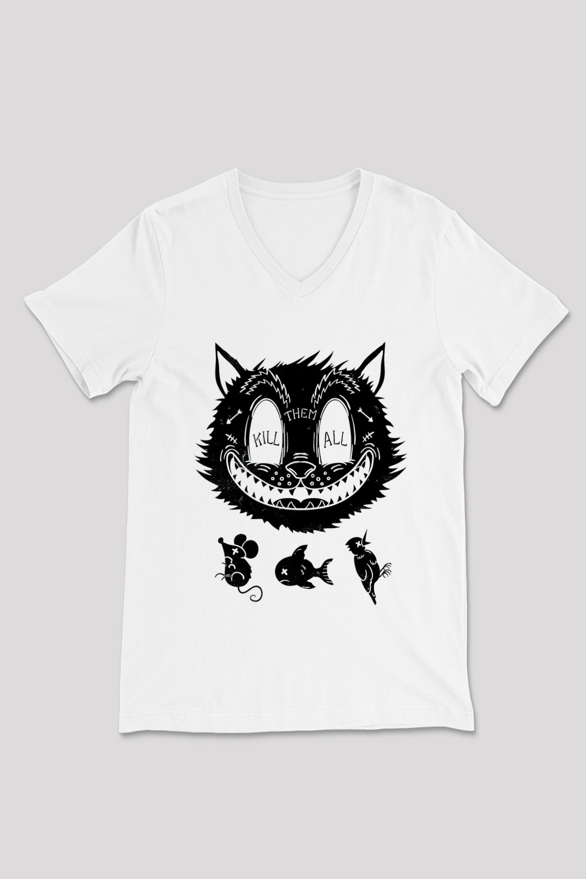 Avcı Kedi Baskılı Unisex Beyaz  V Yaka Tişört