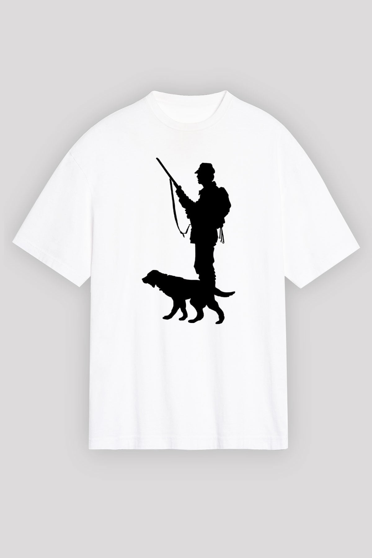 Avcılık Baskılı Unisex Beyaz Oversize Tişört - Tshirt