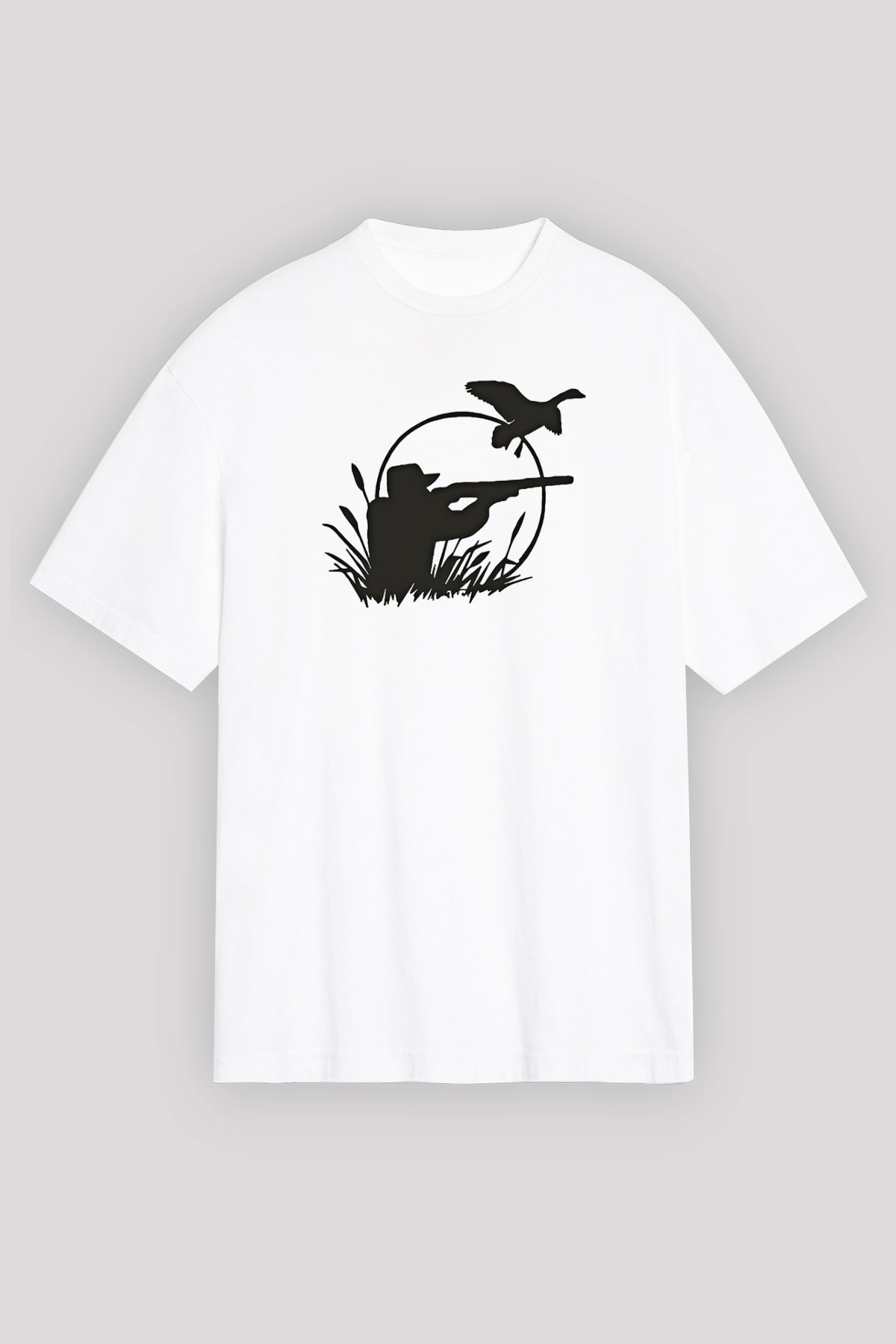 Avcılık Baskılı Unisex Beyaz Oversize Tişört - Tshirt