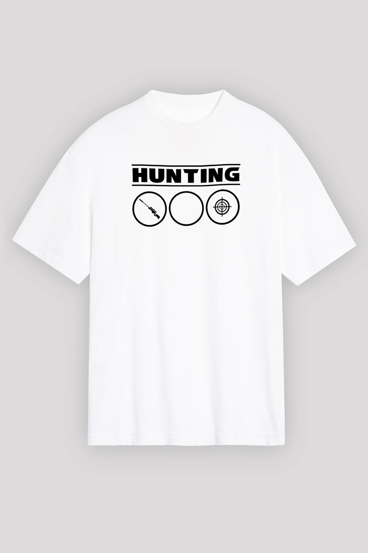 Avcılık Baskılı Unisex Beyaz Oversize Tişört - Tshirt
