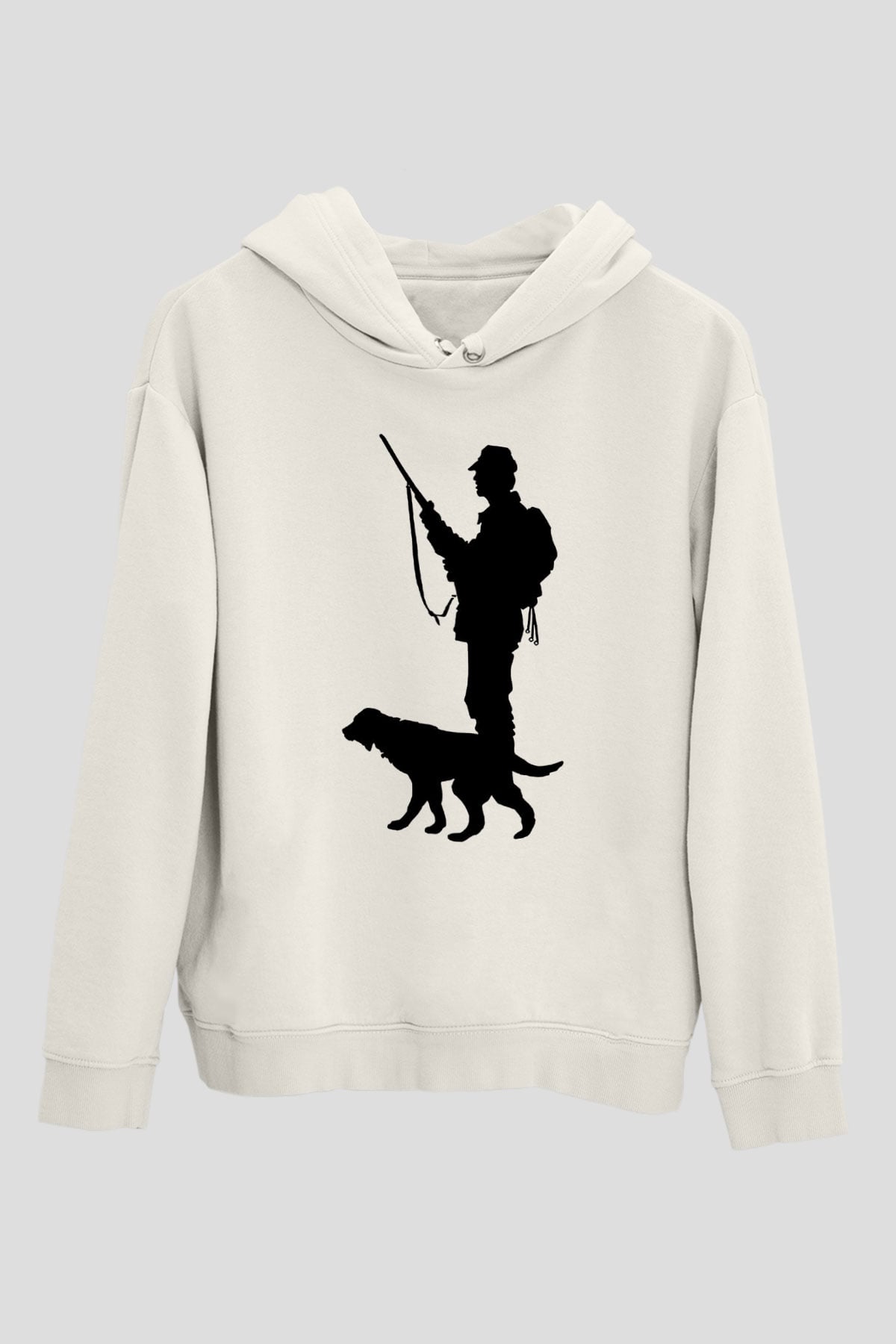 Avcılık Baskılı Unisex Ekru Hoodie