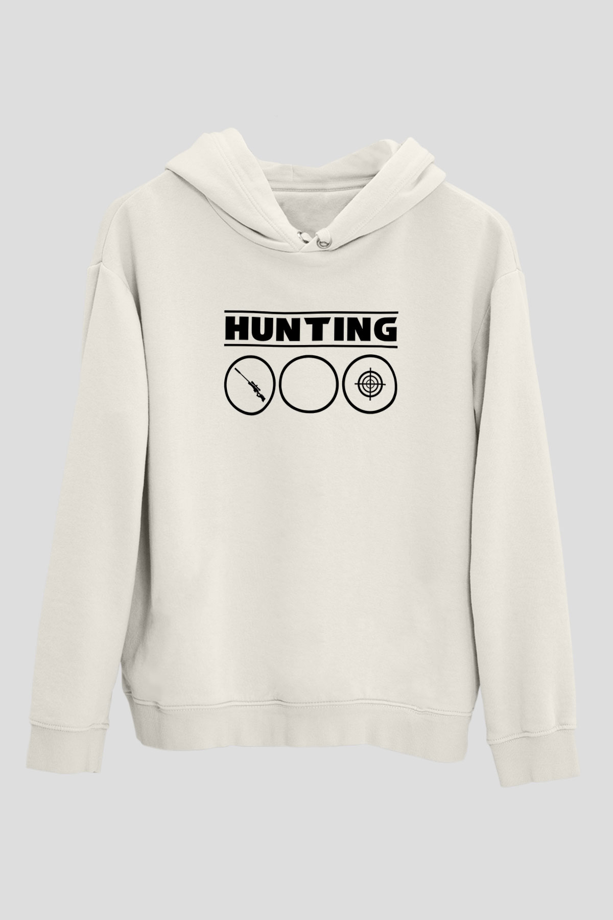 Avcılık Baskılı Unisex Ekru Hoodie