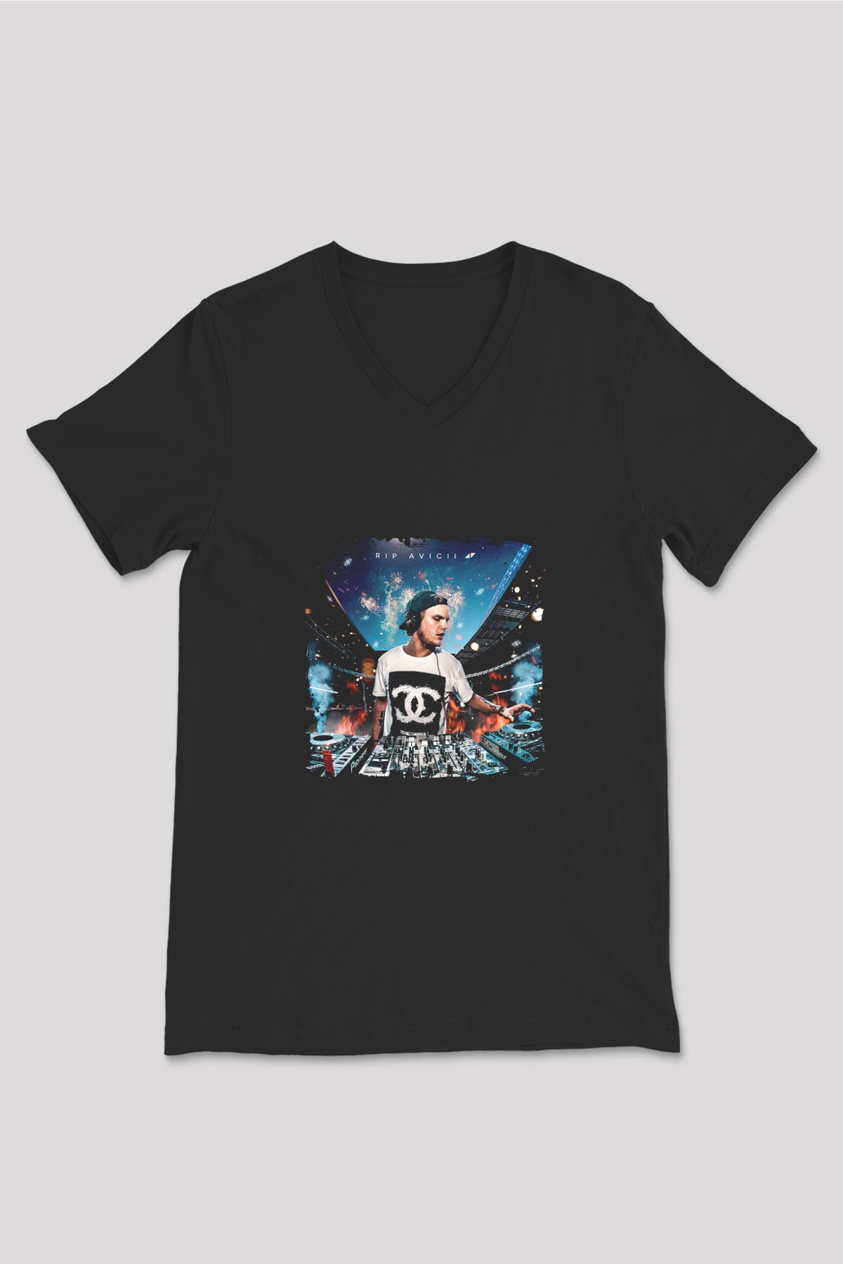 Avicii Baskılı Unisex Siyah V Yaka Tişört