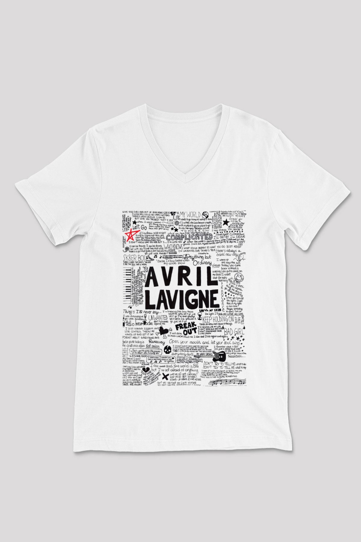 Avril Lavigne Beyaz Unisex V Yaka Tişört T-Shirt