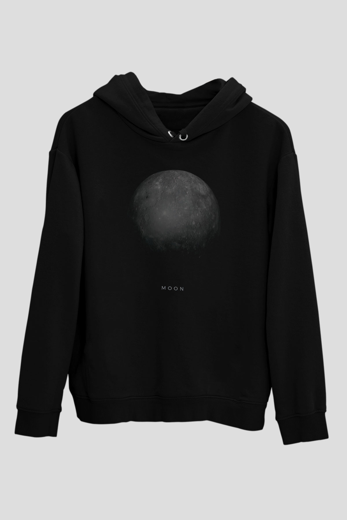 Ay Baskılı Unisex Siyah Hoodie