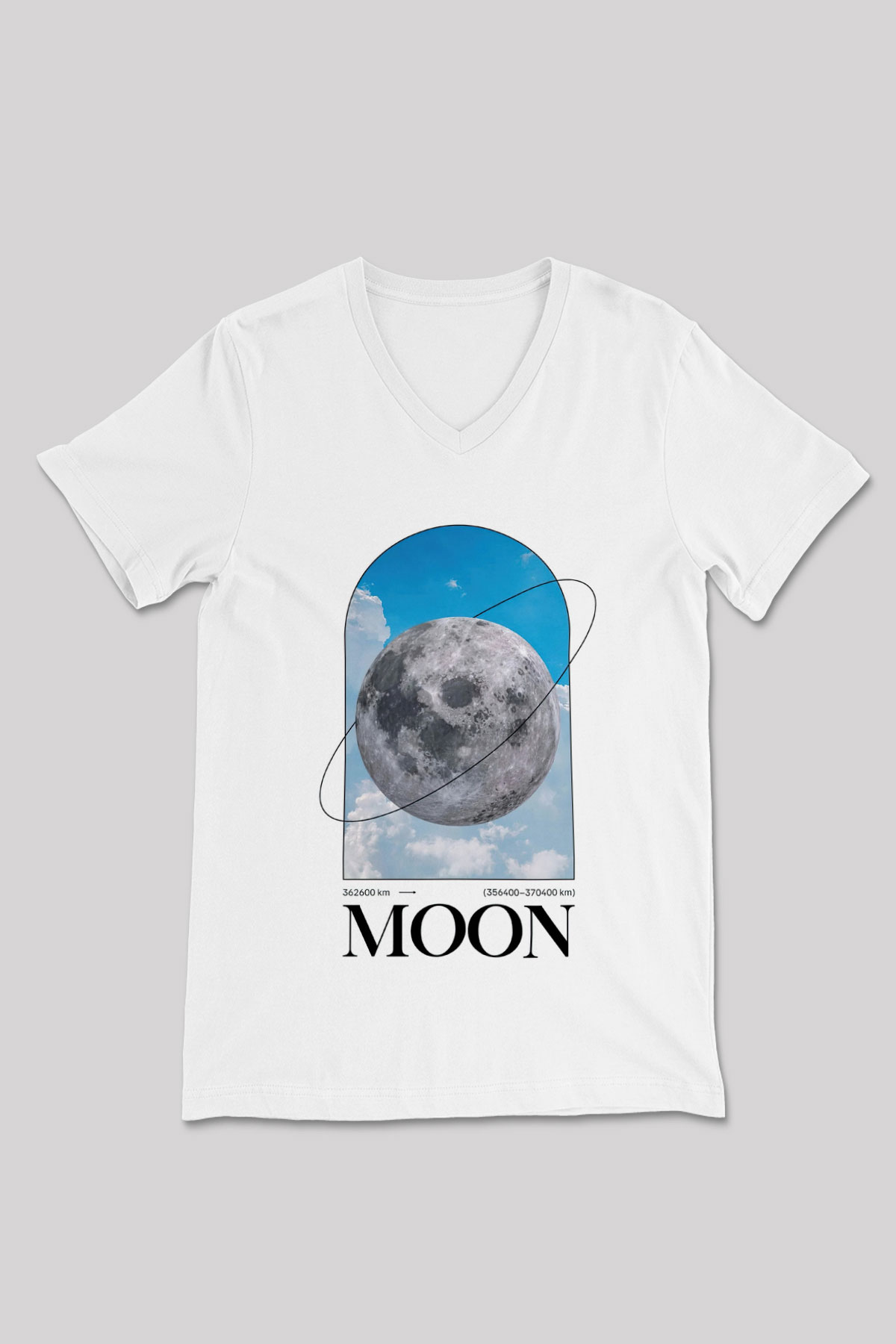Ay Baskılı Unisex V Yaka Beyaz Tişört - Tshirt