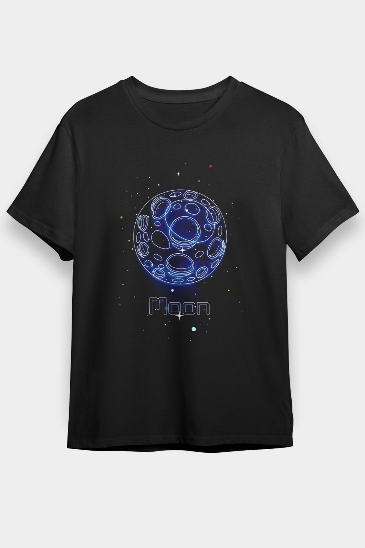 Ay Çizim Baskılı Unisex Siyah Tişört - Tshirt