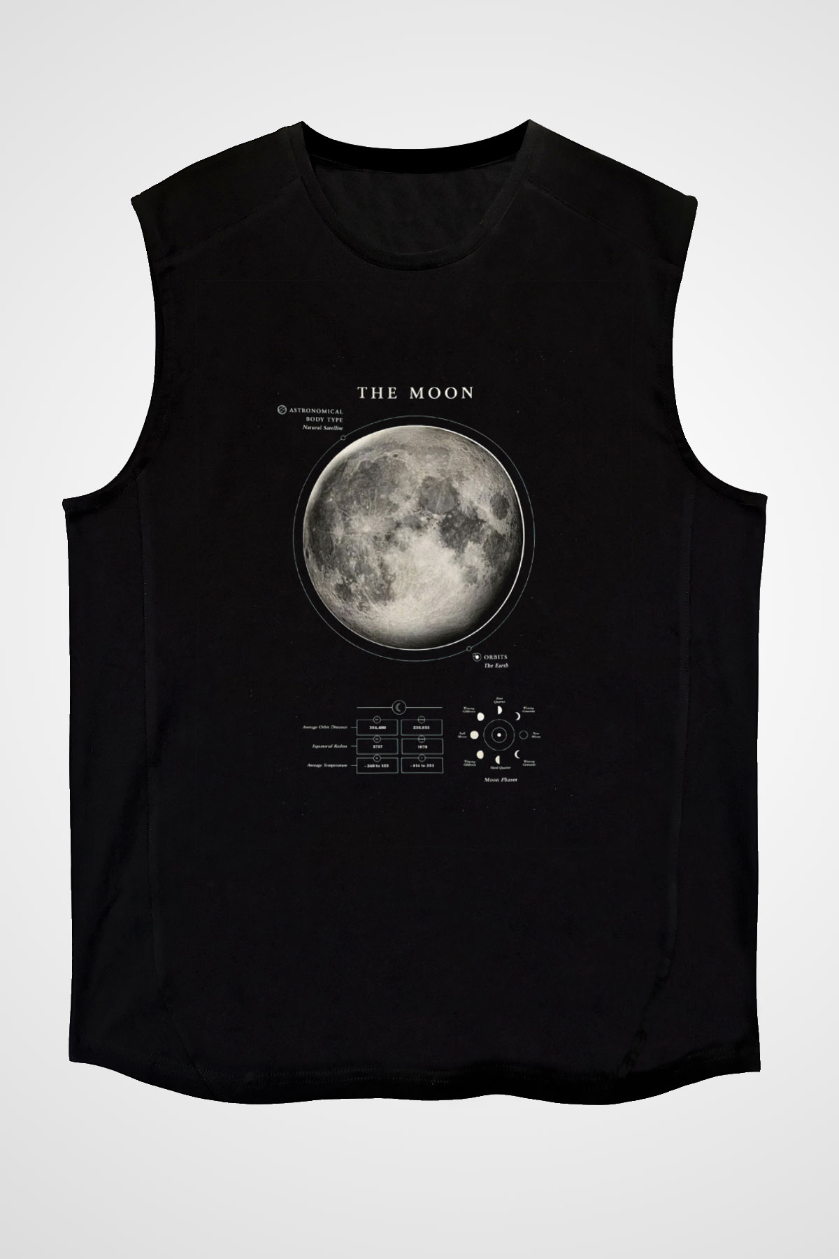 Ay Fiziksel Özellikleri Baskılı Unisex Kolsuz Siyah Tişört - Tshirt