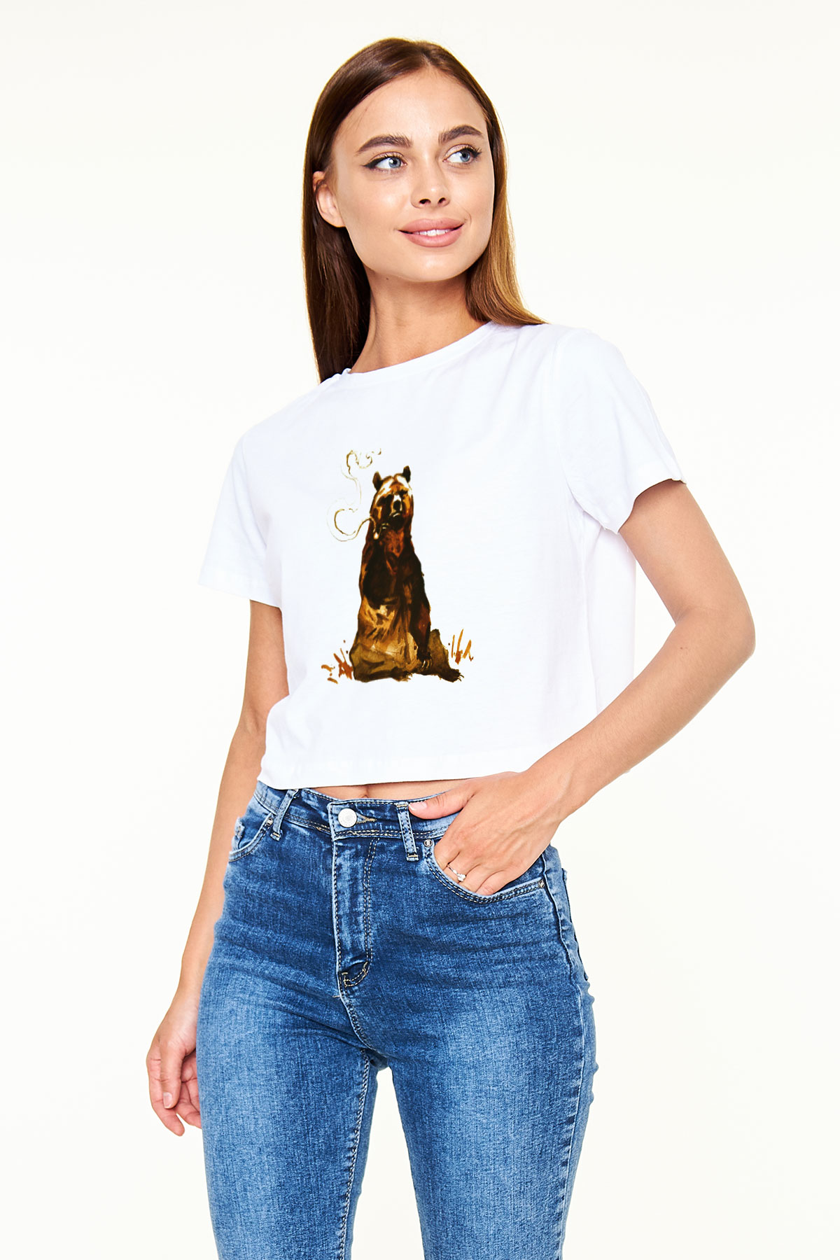 Ayı Beyaz Croptop Tişört