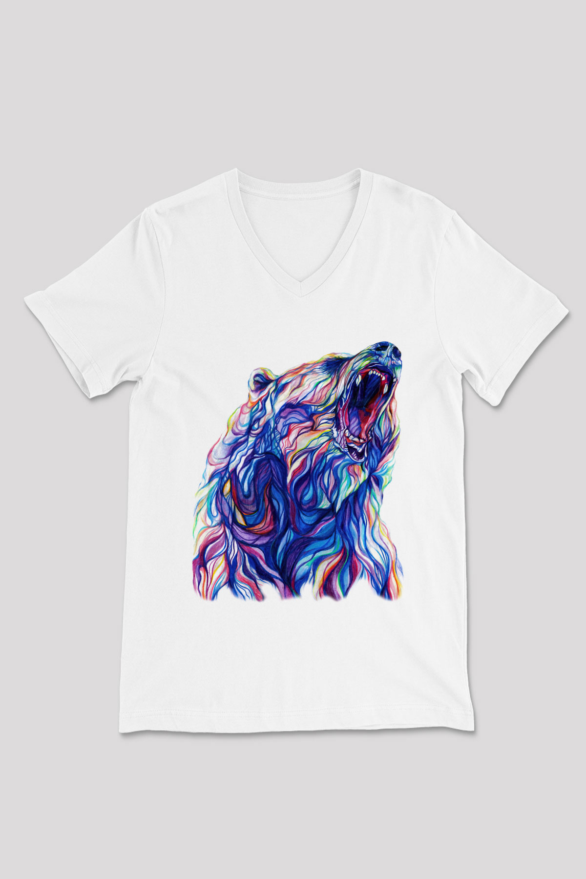 Ayı Beyaz Unisex V Yaka Tişört T-Shirt