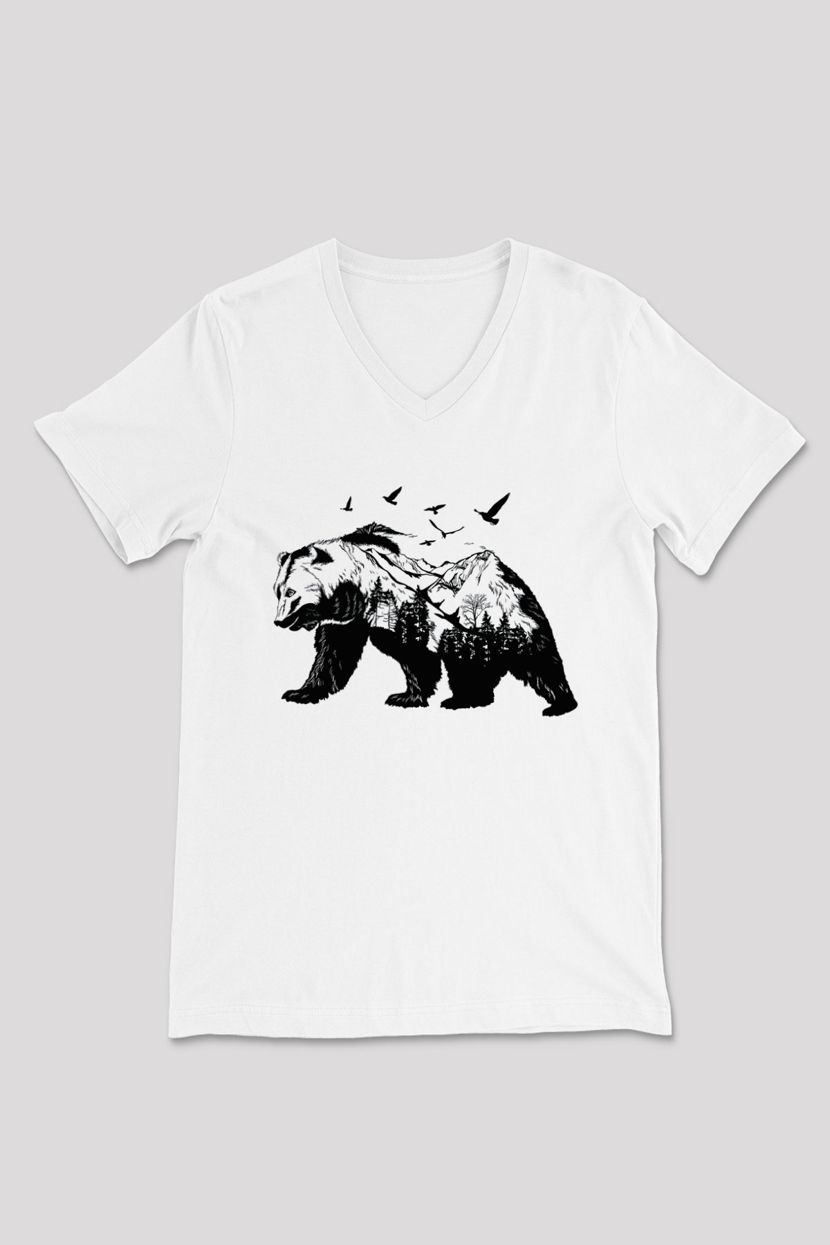 Ayı Beyaz Unisex V Yaka Tişört T-Shirt