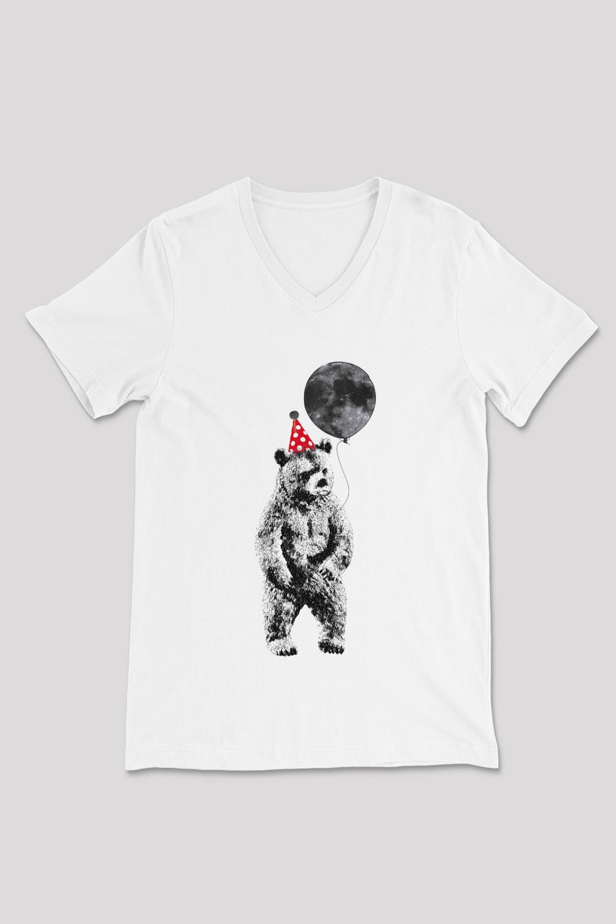 Ayı Beyaz Unisex V Yaka Tişört T-Shirt