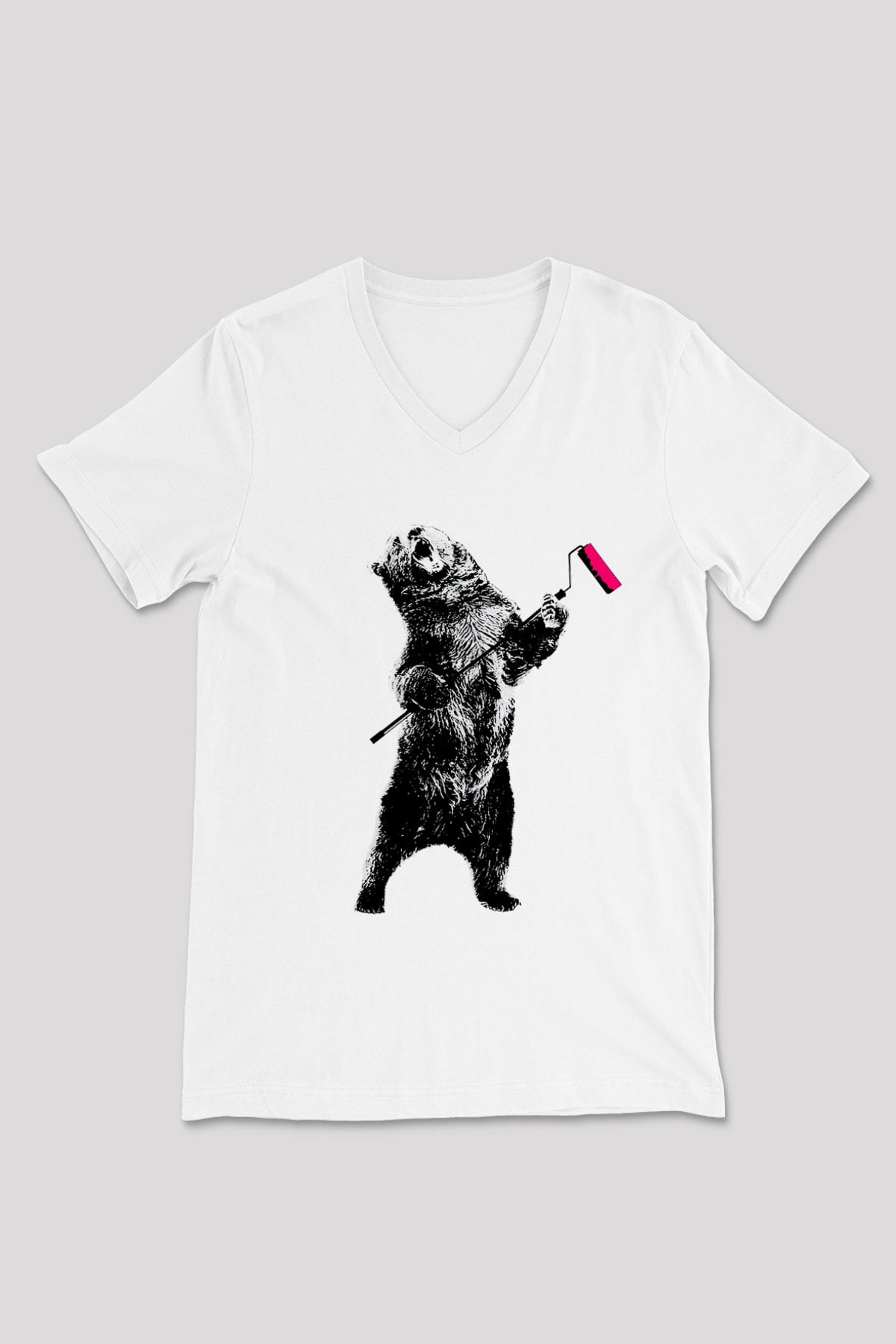 Ayı Beyaz Unisex V Yaka Tişört T-Shirt