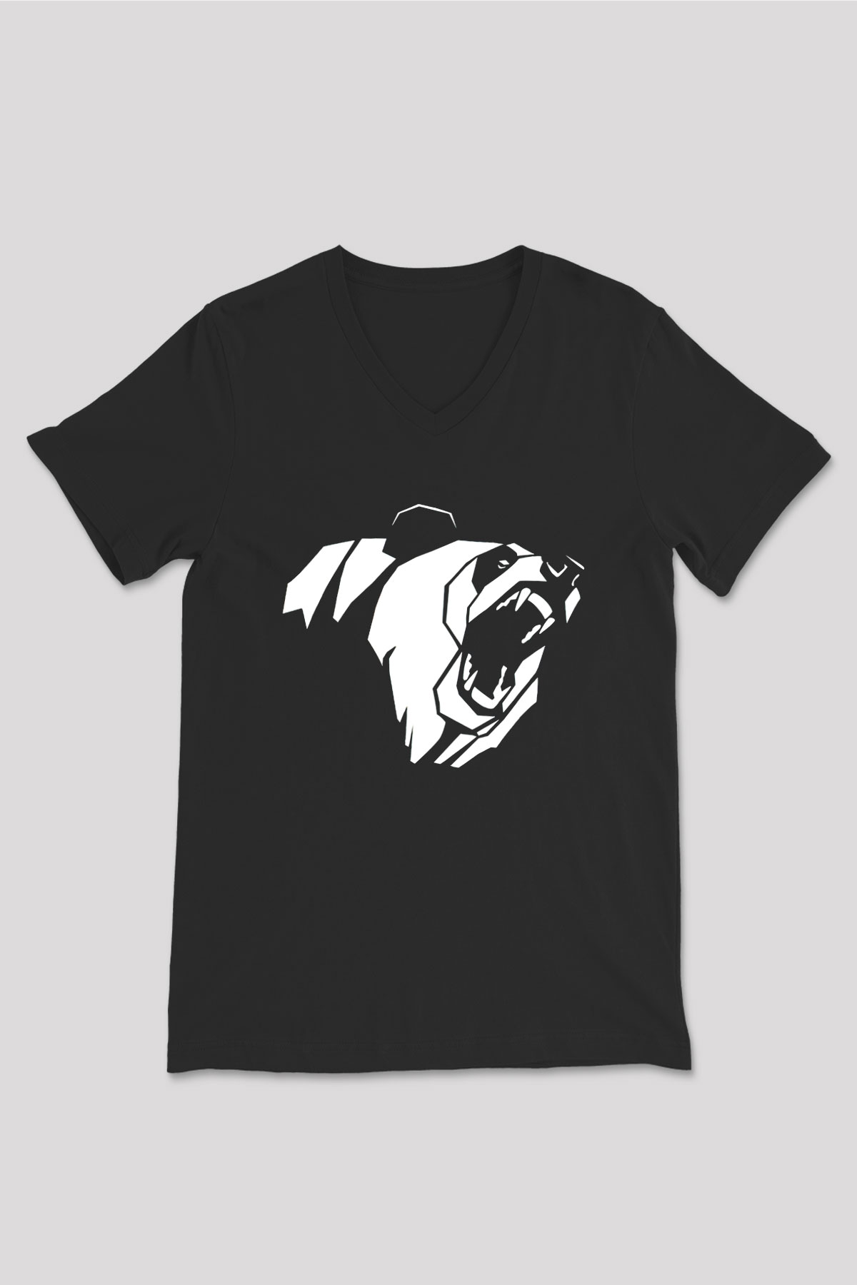 Ayı Siyah Unisex V Yaka Tişört T-Shirt