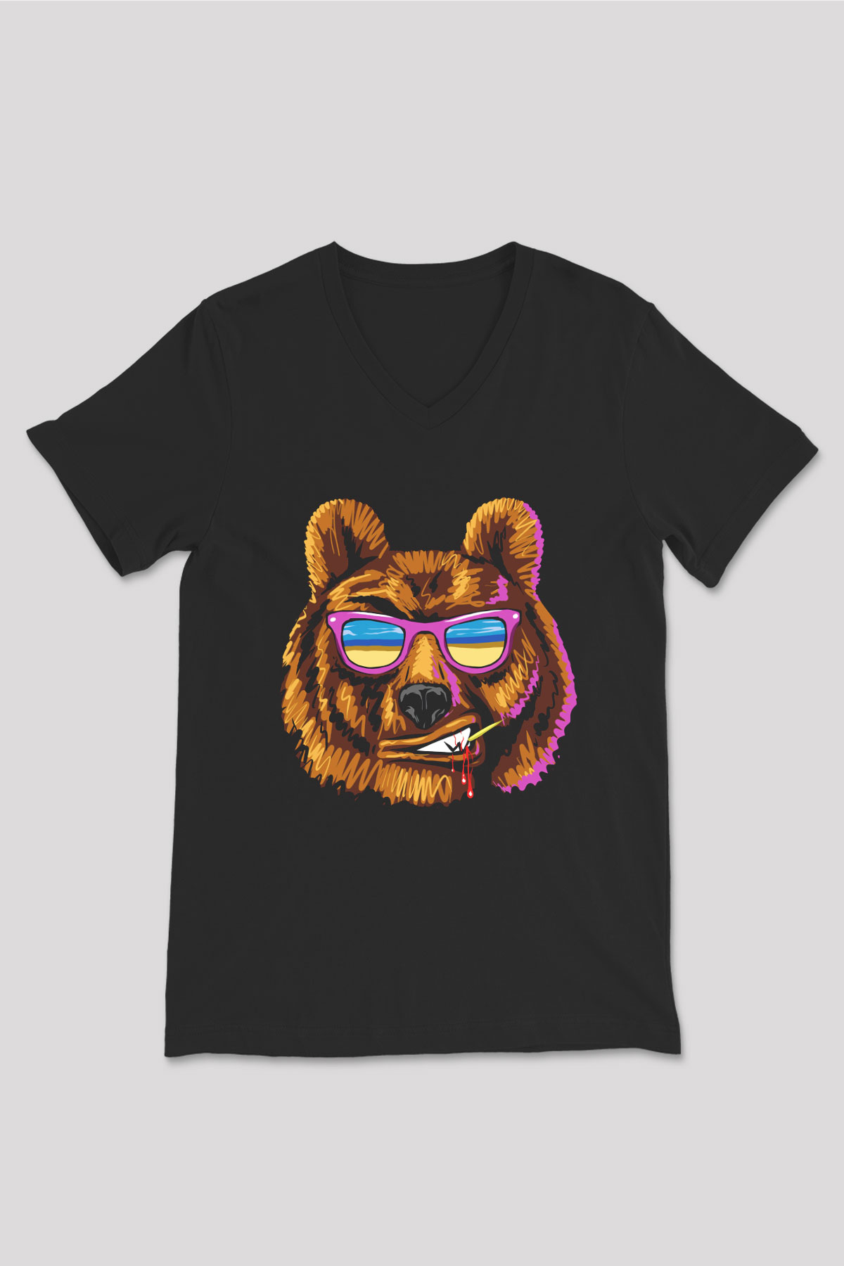 Ayı Siyah Unisex V Yaka Tişört T-Shirt