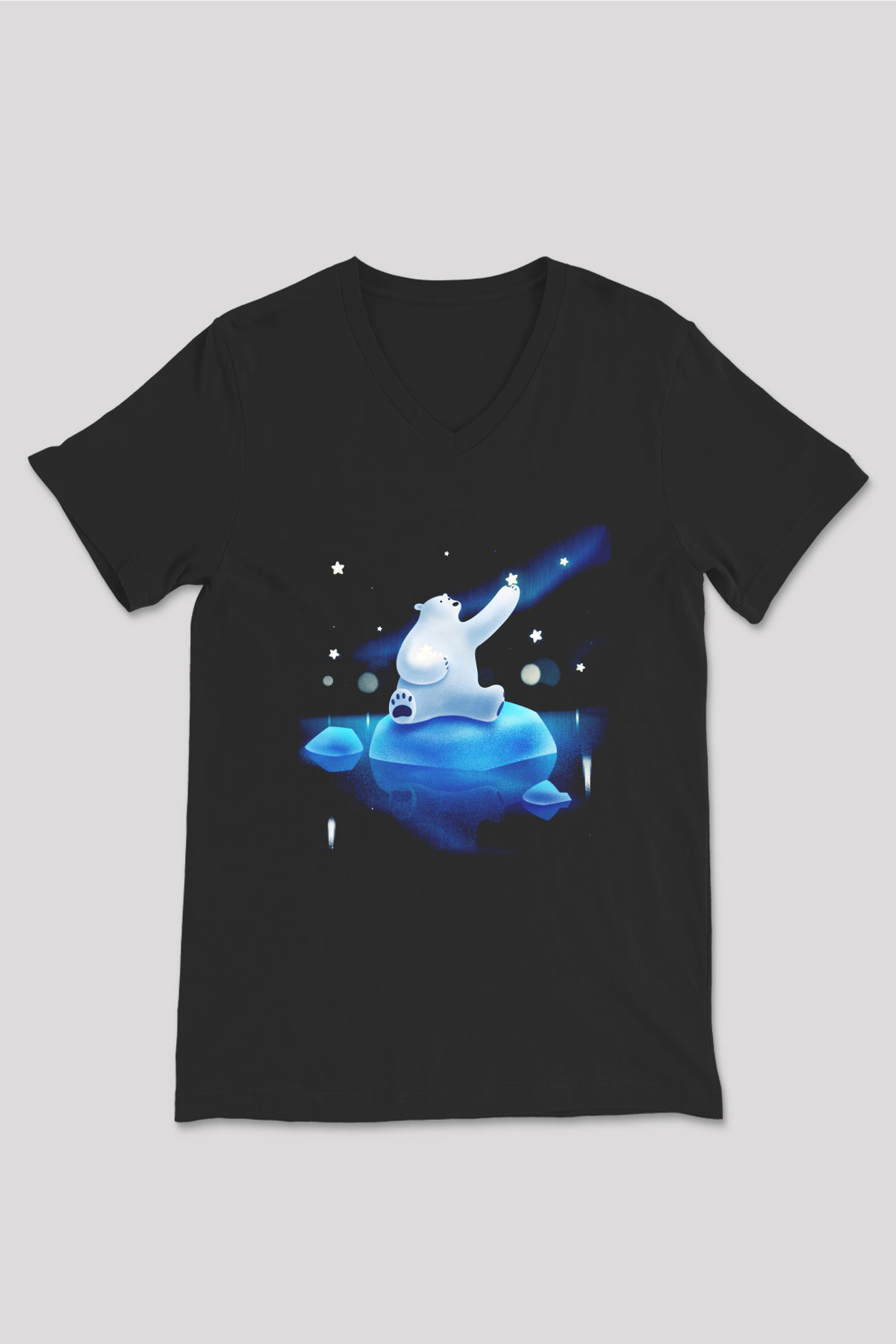 Ayı Siyah Unisex V Yaka Tişört T-Shirt